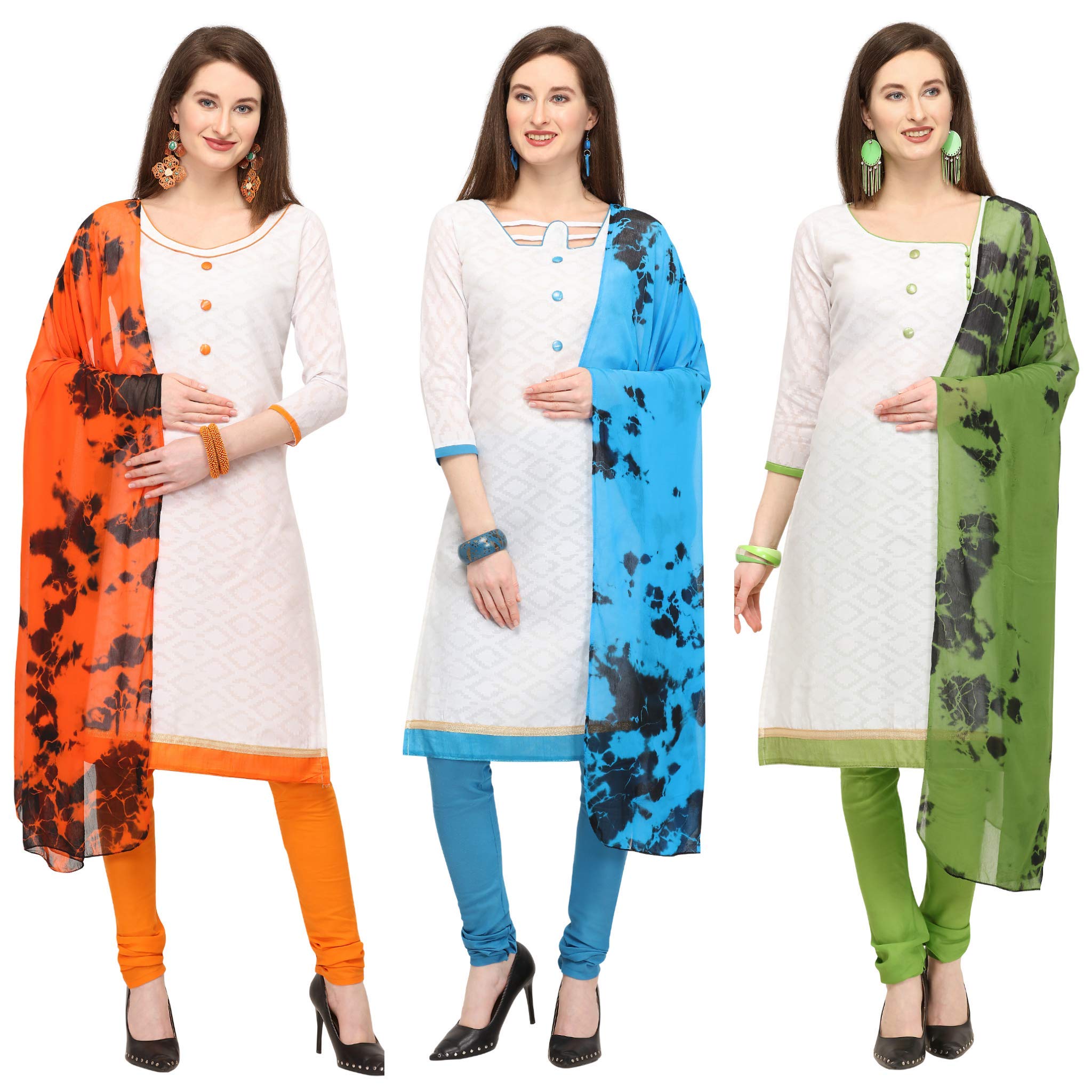 EthnicJunction Women's Cotton Jacquard Dress Material Combo (Orange/Blue/Mehendi, Free Size)