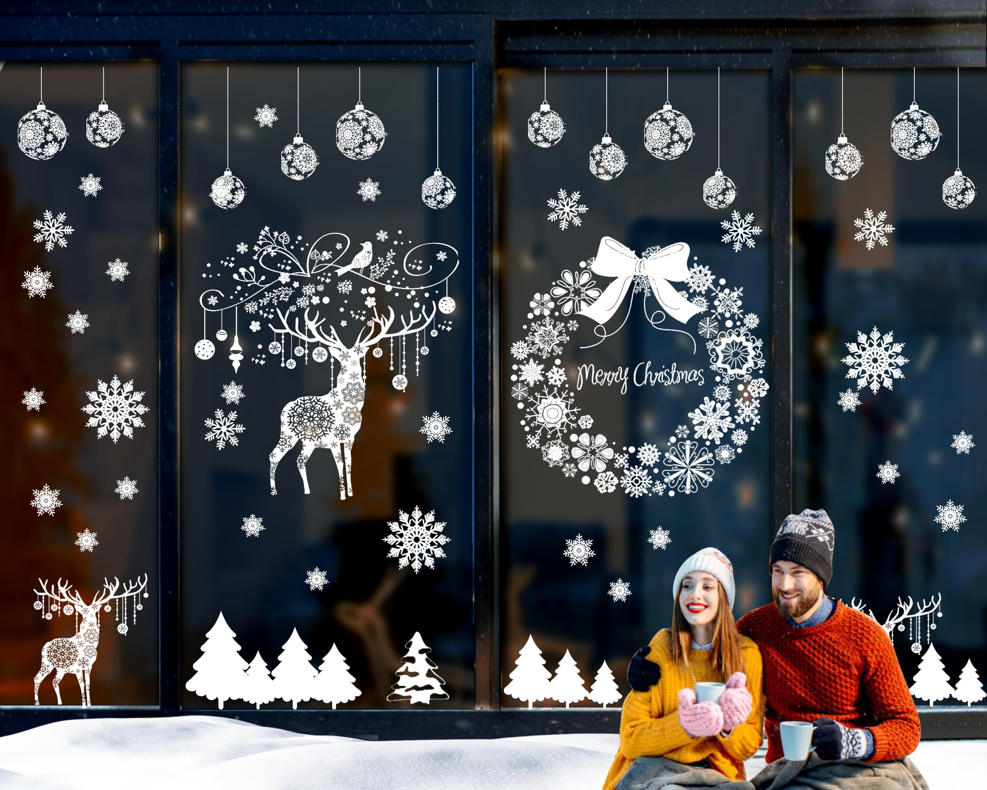 Super Huge Christmas Window Clings - Static Snowflake Decorations, Reindeer Xmas Decor Winter Wonderland Window Stickers Decals for Indoor Party (4 Sheets)