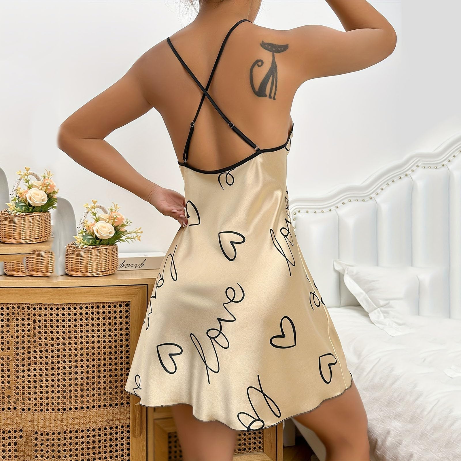 Ice Silk Sleepwear Sexy Open Back Hanging Dress Homewear Thin Breathable Printed Short Skirt for Women Nightgowns for