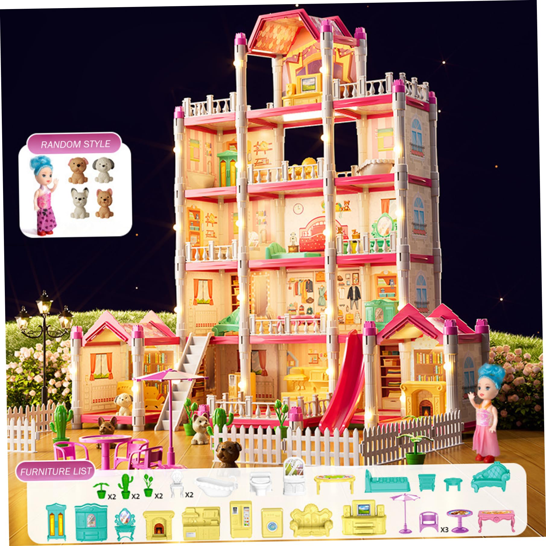 Casa delle bambole di lusso a 5 piani con 14 stanze, per bambine, castello da principessa fai da te con bambola, cucciolo, mobili e accessori, giocattoli di Natale da sogno per bambini di 3+ anni.