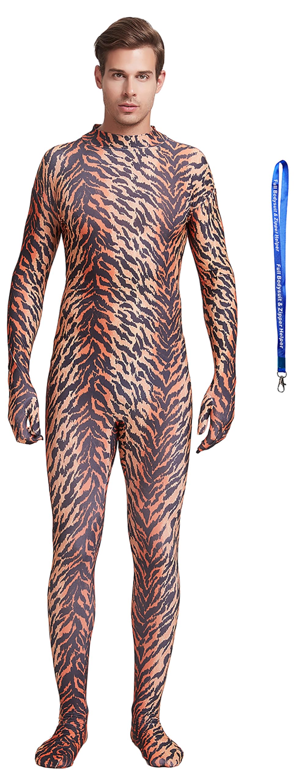 Full Bodysuit Include Zipper Helper Unisex Adult Costume Without Hood Spandex Stretch Zentai Unitard Body Suit, Tiger, XL