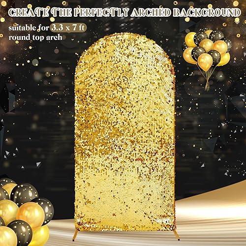 Miniatura 2 de Irenare Cubierta de marco de arco de lentejuelas dorada, cubierta de soporte de fondo de 3.3 x 7 pies, telón de fondo arqueado superior redondo para