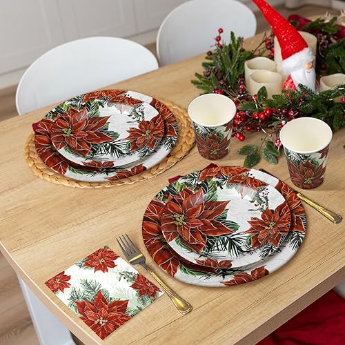 Vista 4 de Jinei Juego de vajilla desechable de Navidad de 250 piezas para 50 invitados, platos de papel y servilletas de Navidad, vasos desechables, vajilla