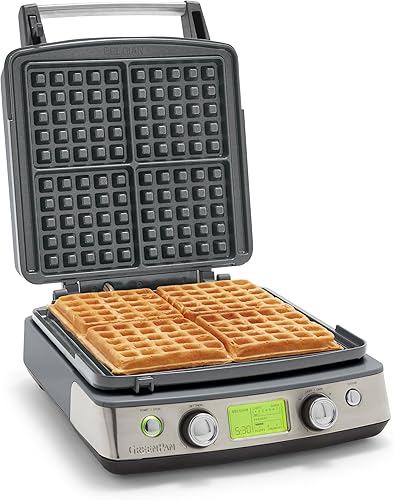 GreenPan Elite - Máquina de gofres belga y clásica de 4 cuadrados, placa antiadherente de cerámica saludable apta para lavavajillas, control