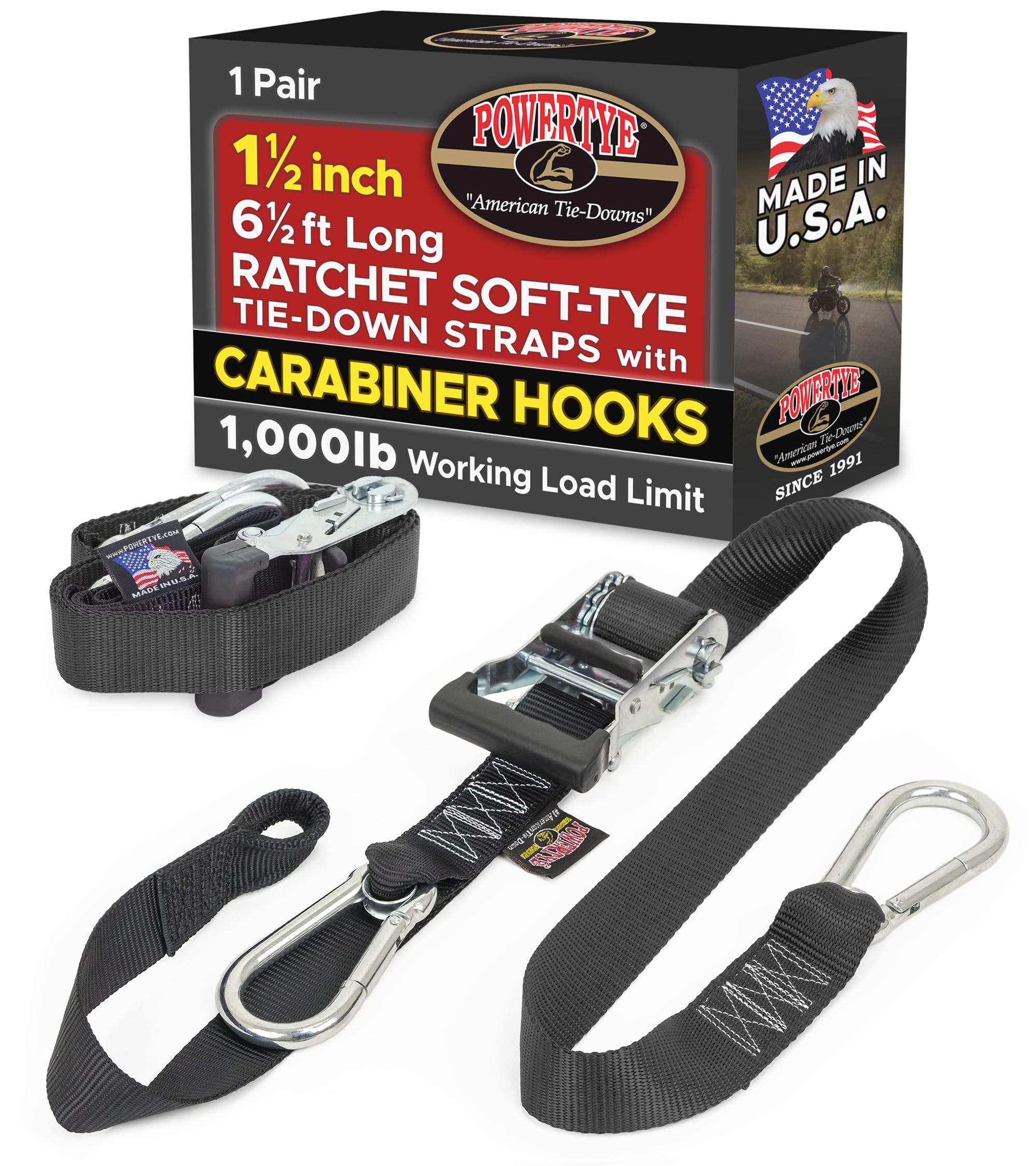 PowerTye 1.5 inch x 6.5ft Ratchet Straps w/Carabiners, Black/Black Pair