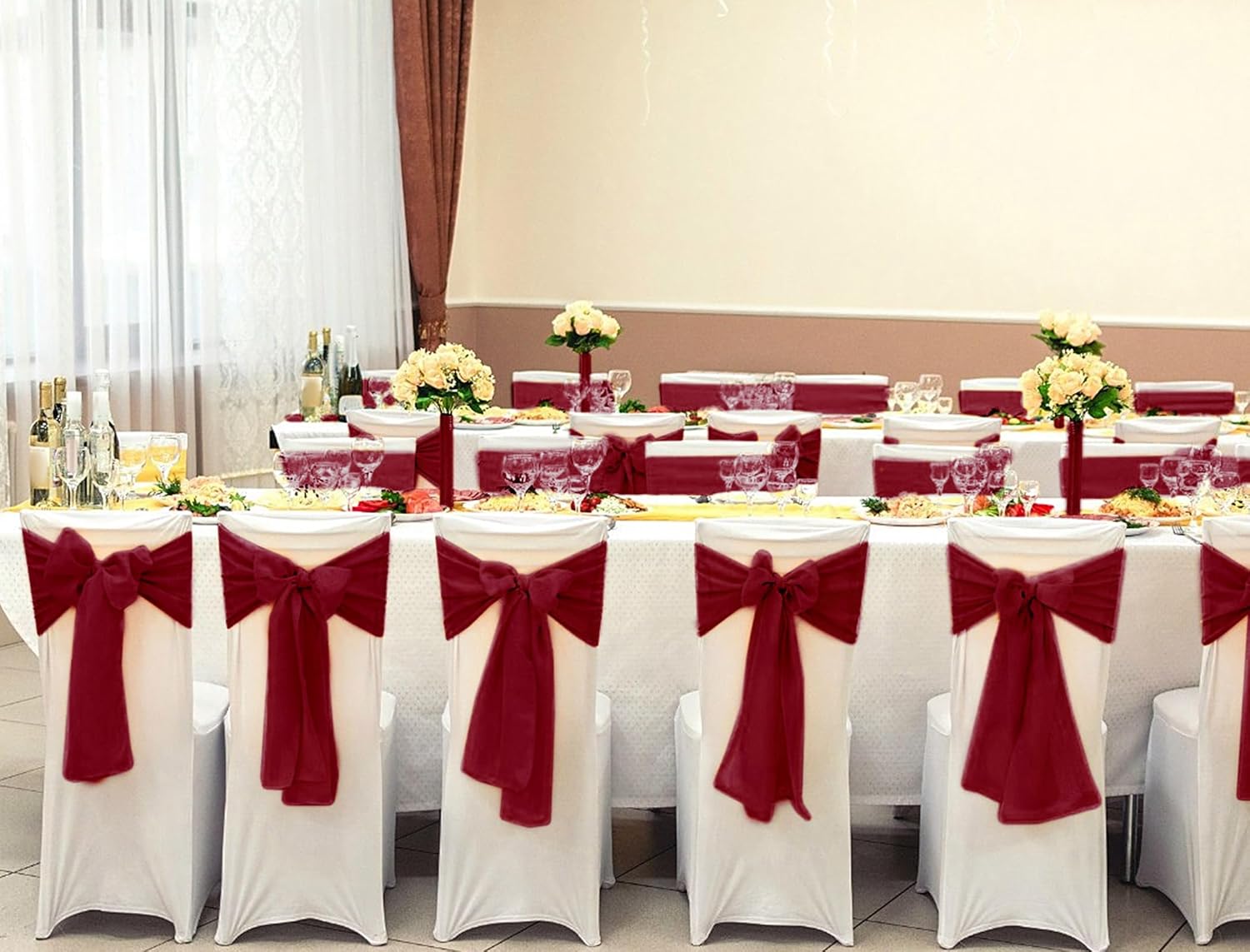 YMHPRIDE 60 PCS Burgundy Satin Chair Sashes,Ties Chair Bows Designed Chair Sashes Chair Cover for Wedding Party Baby Shower Banquet Folding Chairs Decoration(Burgundy,7x108 inch)