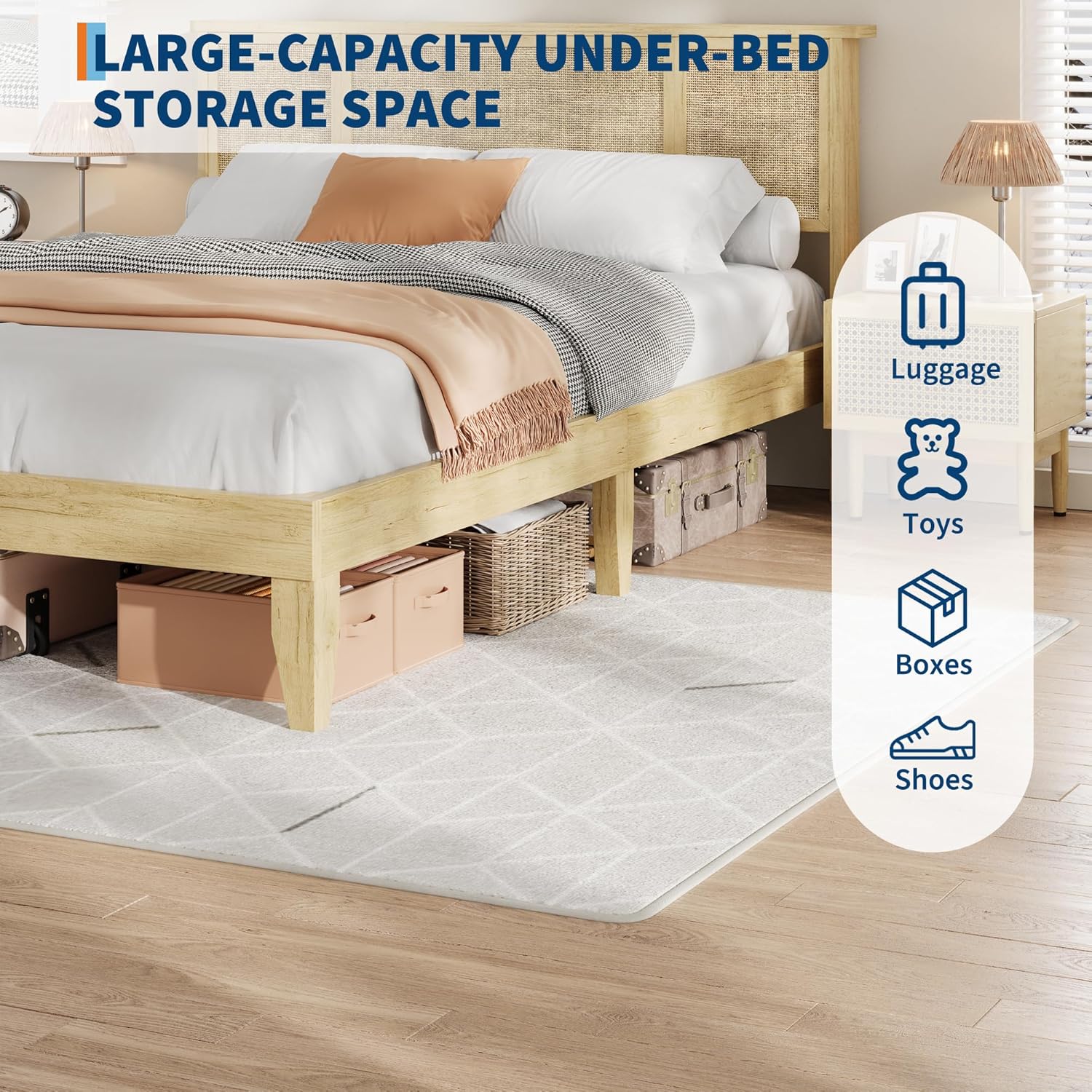 GarveeHome Full Bed Frame with Natural Rattan Headboard, Sturdy Metal Base with Durable Wooden Slats, Boho-Style Cane Mattress Support, No Box Spring Needed