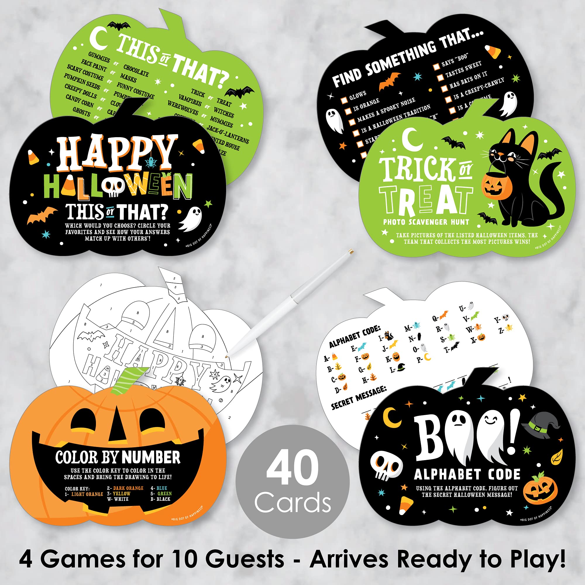 Amazon.com: Big Dot of Happiness Jack-O'-Lantern Halloween - 4 Kids  Halloween Party Games - 10 Cards Each - Gamerific Bundle : Home & Kitchen