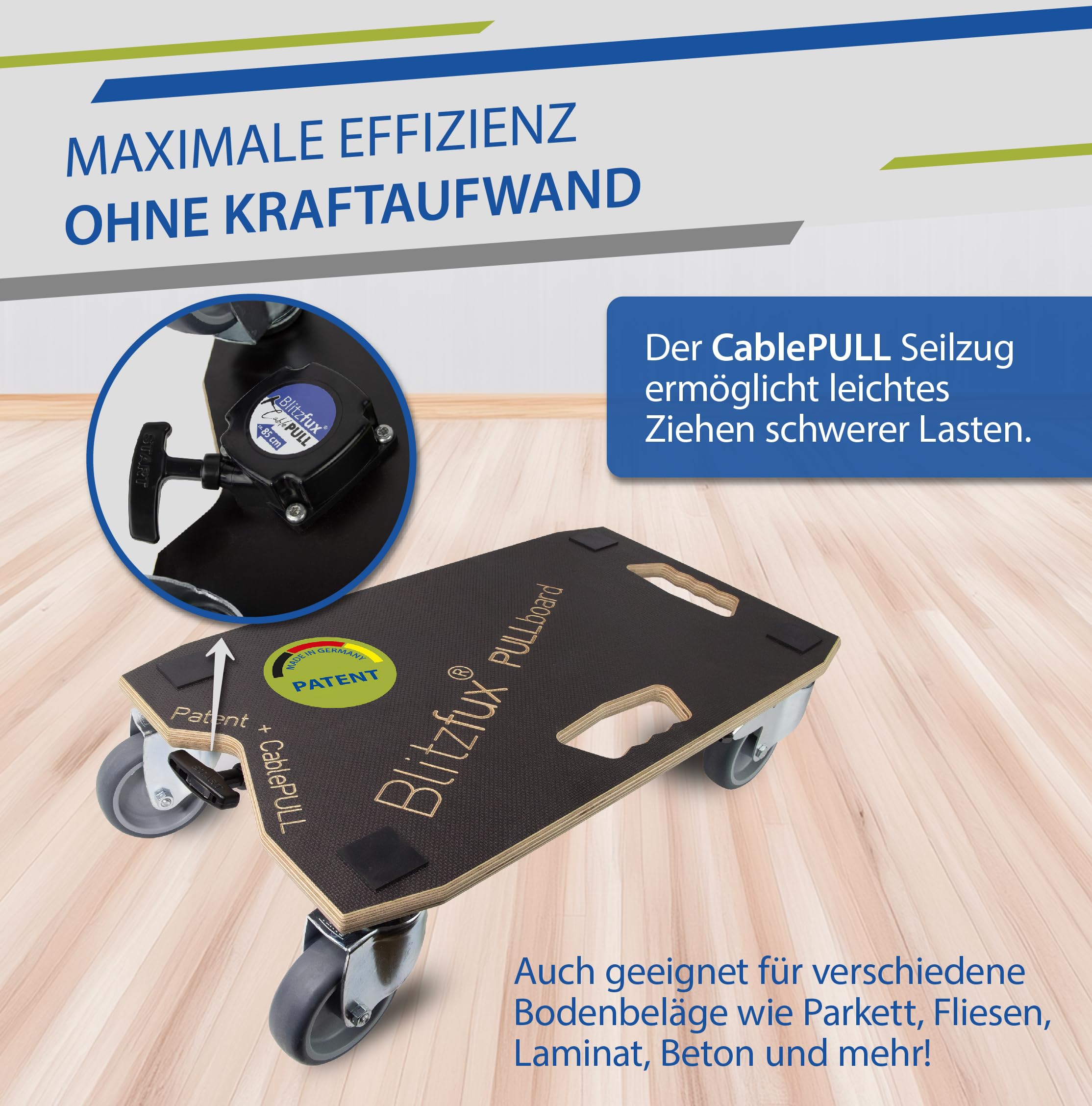 Pullboard Möbelroller mit 320 kg Traglast - Leicht & Stark - 4,7 kg Gewicht - Ergonomisches Design mit CablePULL Seilzug - Müheloser Transport mit Hochwertigen Lenkrollen - Made in Germany