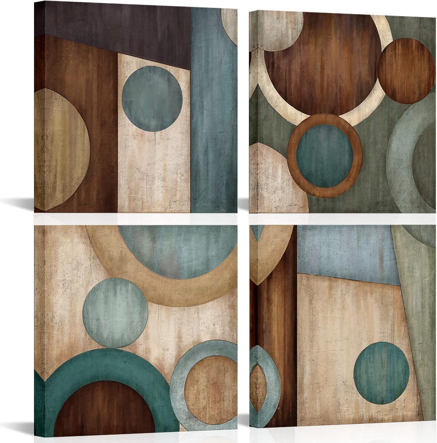 LoveHouse Teal And Brown Abstract Wall Art Blue and Brown Geometric Circle Painting Pictures
