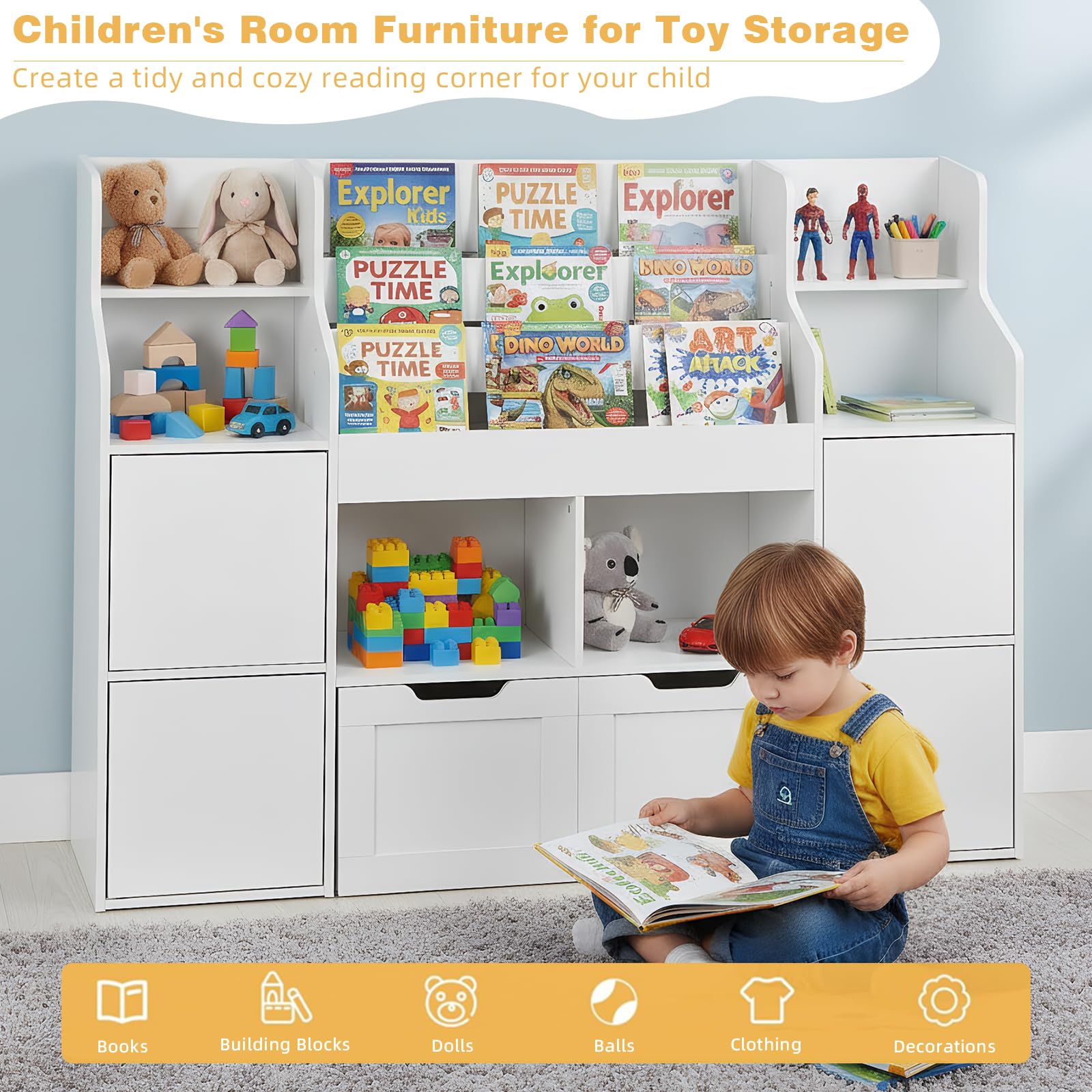 Mobile Porta Giochi, Libreria Montessoriana per Bambini a 6 Scomparti Aperti e 4 Ante, Mobile Giochi a 2 Cassetti su Ruote, per Cameretta e Stanza dei Giochi, 122x30x100cm Bianco