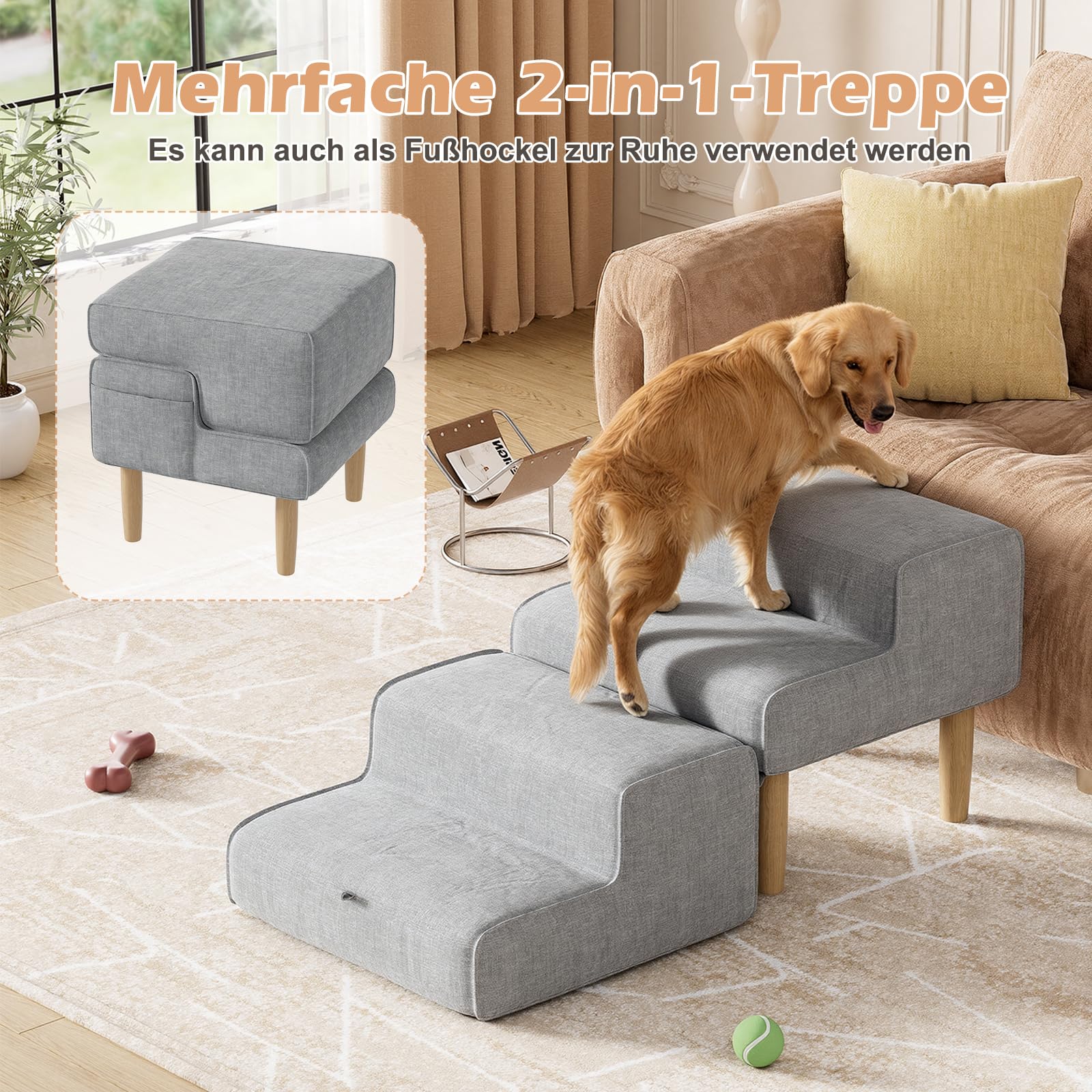 Scala per cani 2 in 1, pieghevole, per cani di piccola e grande, per divano e letto, 4 gradini, altezza 32 cm, colore grigio