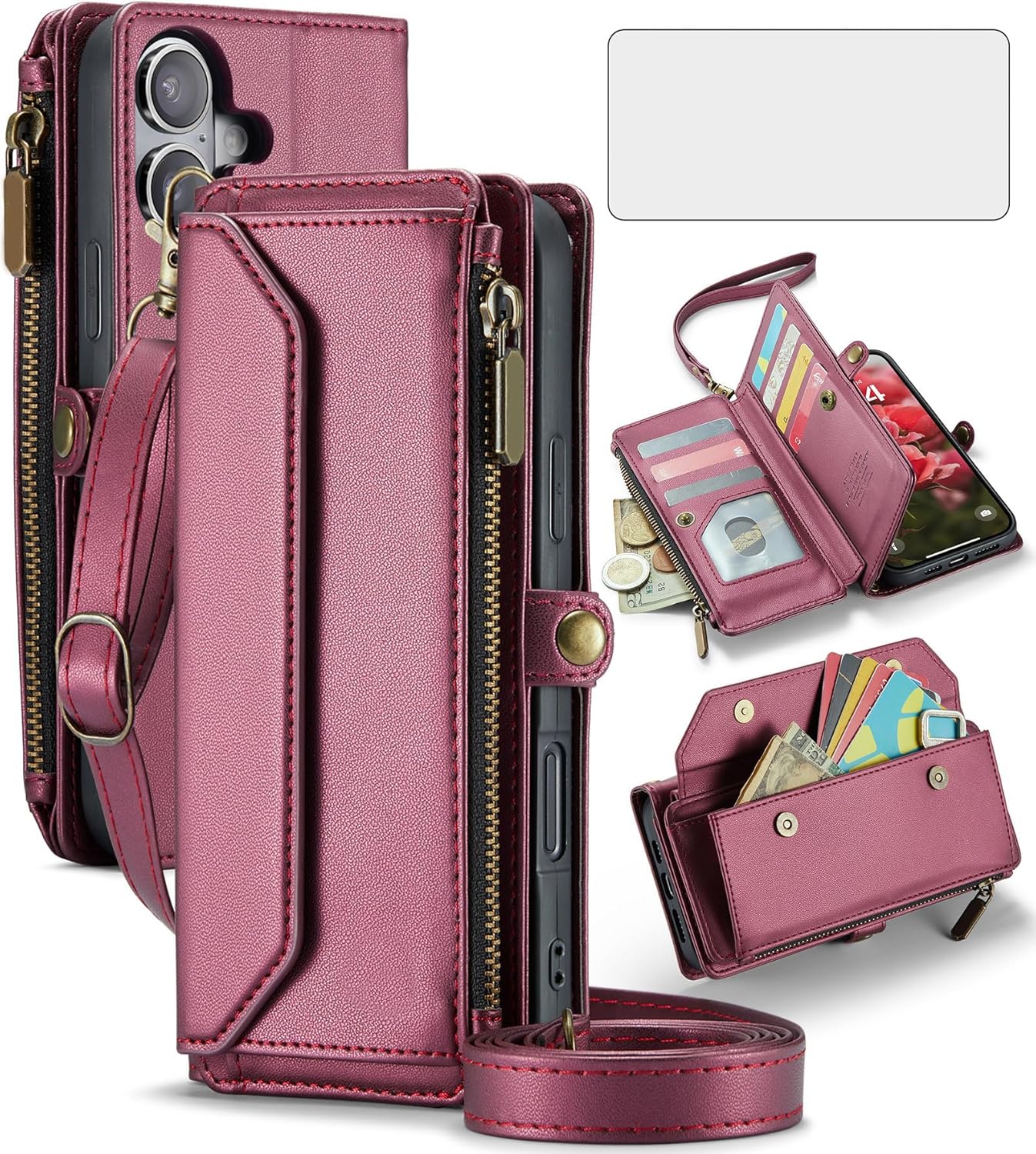 Asuwish Phone Case for iPhone 16 Plus 6.7 inch Zipper Wallet Cover with Tempered Glass Screen Protector and Flip RFID Blocking Credit Card Holder Cell i Phone16 16+ i16 + 16Plus Women Girls Wine Red