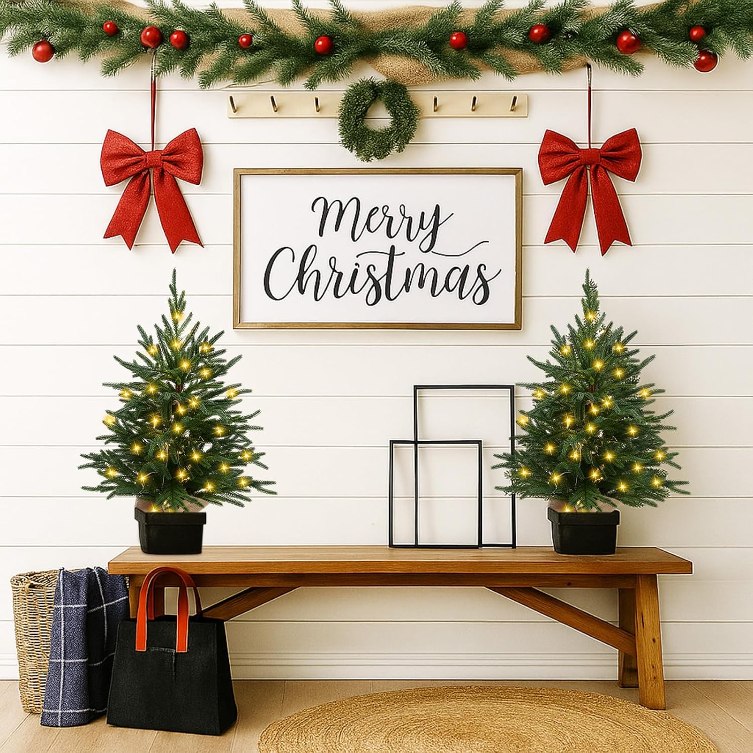 Lyrow Artificial Norfolk Pine Tree 24 Inch Tabletop Christmas Tree Small Light Up Norfolk Pine with 30 Beads for Holiday Party Indoor Outdoor Home Table Fireplace, Entryway Decorations((2 Pcs)