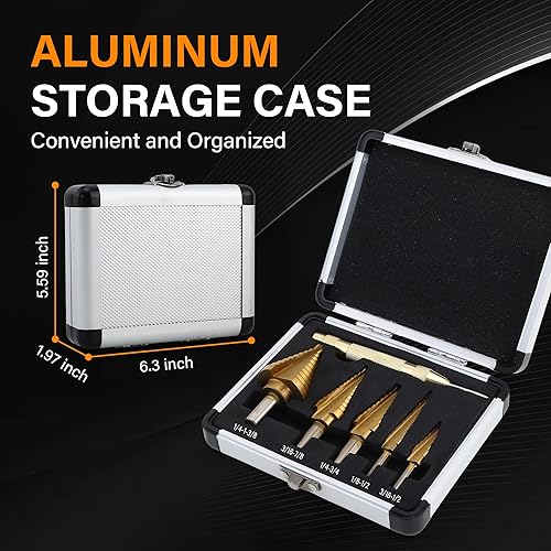 Miniatura 5 de Juego de brocas escalonadas, 6 brocas de titanio HSS con punzón central automático, 50 tamaños de broca escalonada para metal, madera con caja de