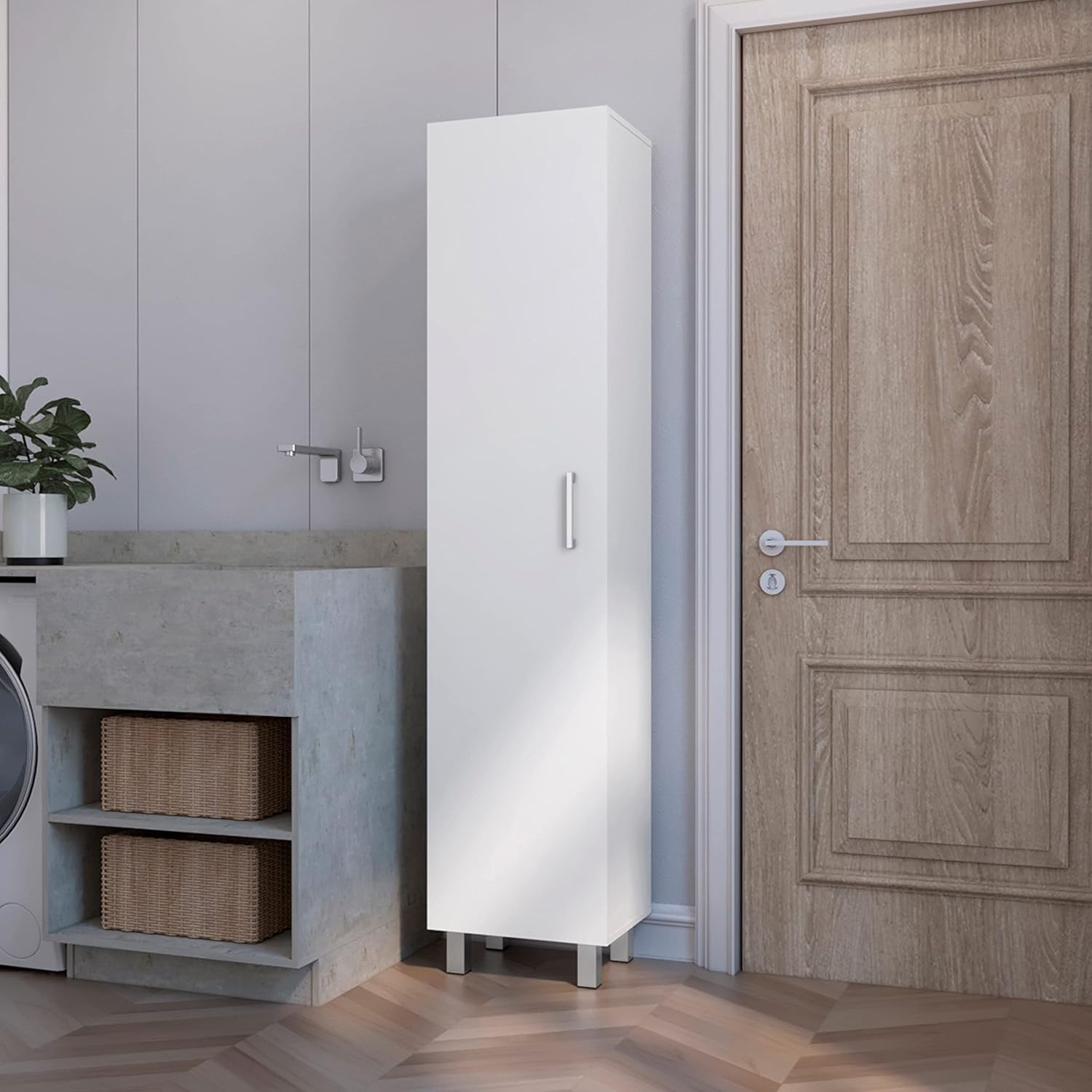 Clarno Tall Storage Cabinet, Single Door with Broom Hangers,White -Kitchen