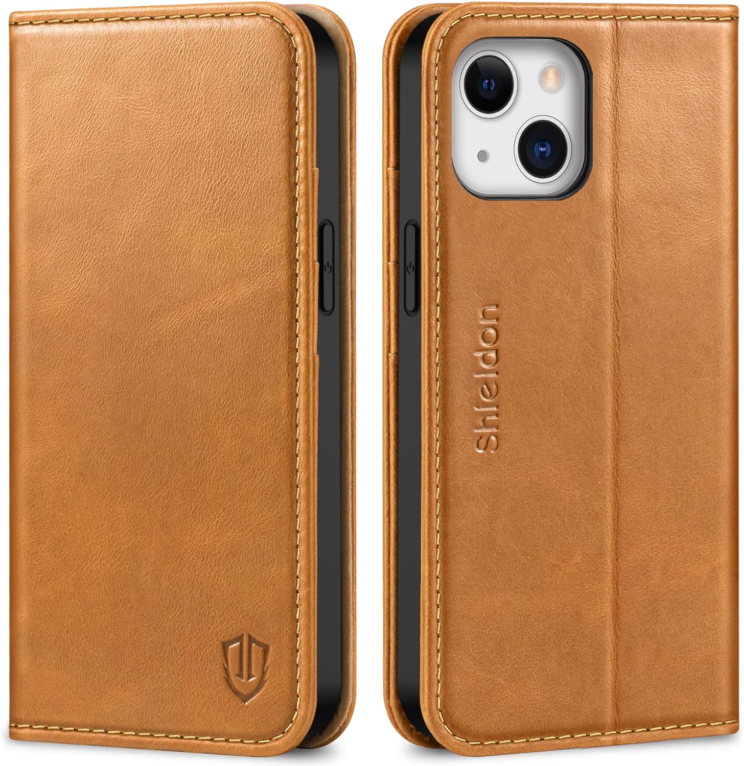 SHIELDON Case for iPhone 13 Mini 5G, Genuine Leather Wallet Folio Magnetic Closure RFID Blocking Card Slots Kickstand Full Protection Case Compatible with iPhone 13 Mini (5.4", 2021) - Brown