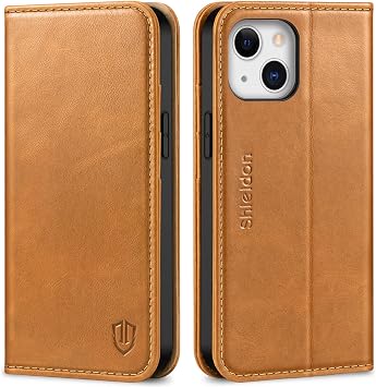 SHIELDON Case for iPhone 13 Mini 5G, Genuine Leather Wallet Folio Magnetic Closure RFID Blocking Card Slots Kickst Protection Case Compatible with iPhone 13 Mini 5.4", 2021 - Brown