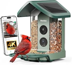 Kiwibit Solar Smart Bird Feeder with Camera, AI Bird Species Identification, 8MP Photos, 4K UHD Video Live Stream Wild Bird House Feeders for Outdoors, Birdwatching Gifts for Bird Lovers, Green