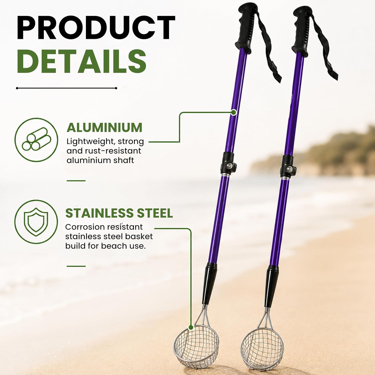 VOS Sand Sifter 2-Pack + Mesh Collection Bag | Adjustable Handle 21"–33" | Beach Scoop for Seashells, Shark Teeth & Sea Glass | Stainless Steel, Rust-Resistant | Beachcombing Kit – Blue image 4