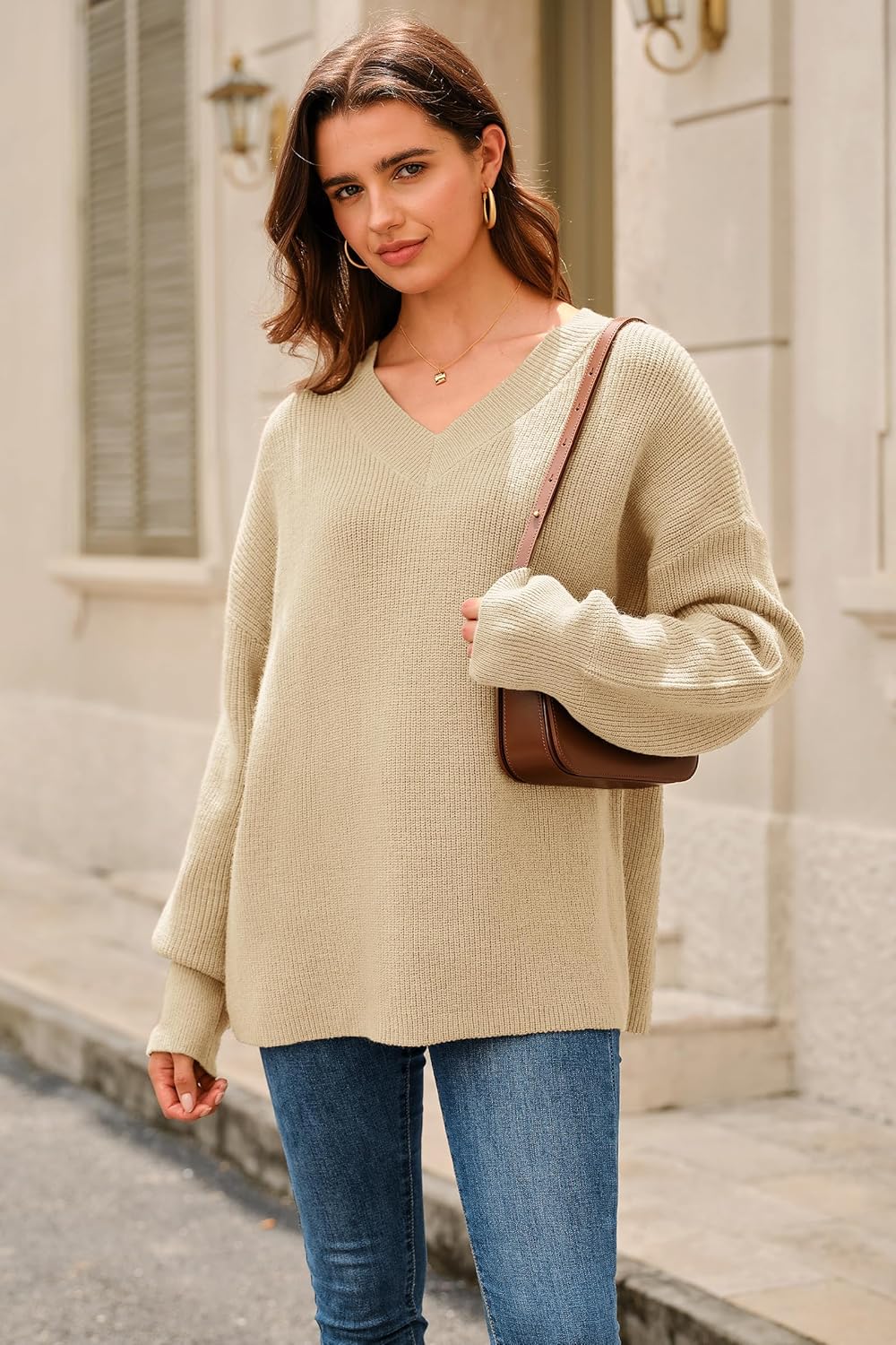 Arach&Cloz Women's Wool Blend Oversized V Neck Casual Sweaters 2025