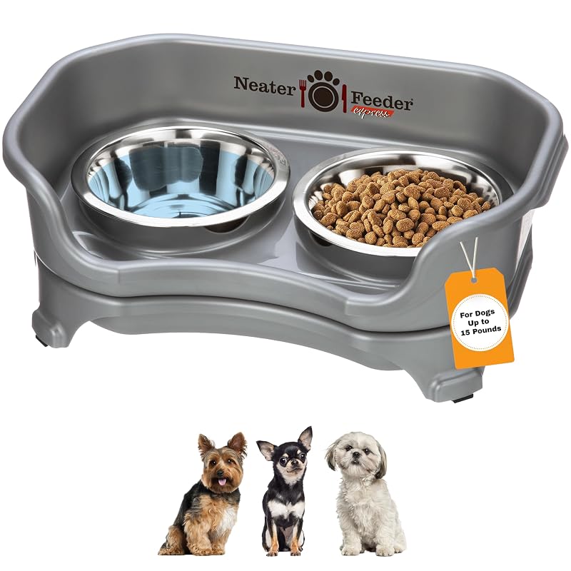 Neater Feeder Express Mess Proof Dog Bowls Elevated for Small Breeds Under 15 Lb, Made in USA, No Spill Raised Dog Food Bowl Stand, Stainless Steel Food and Water Bowl Set, Feeding Station, Grey Small