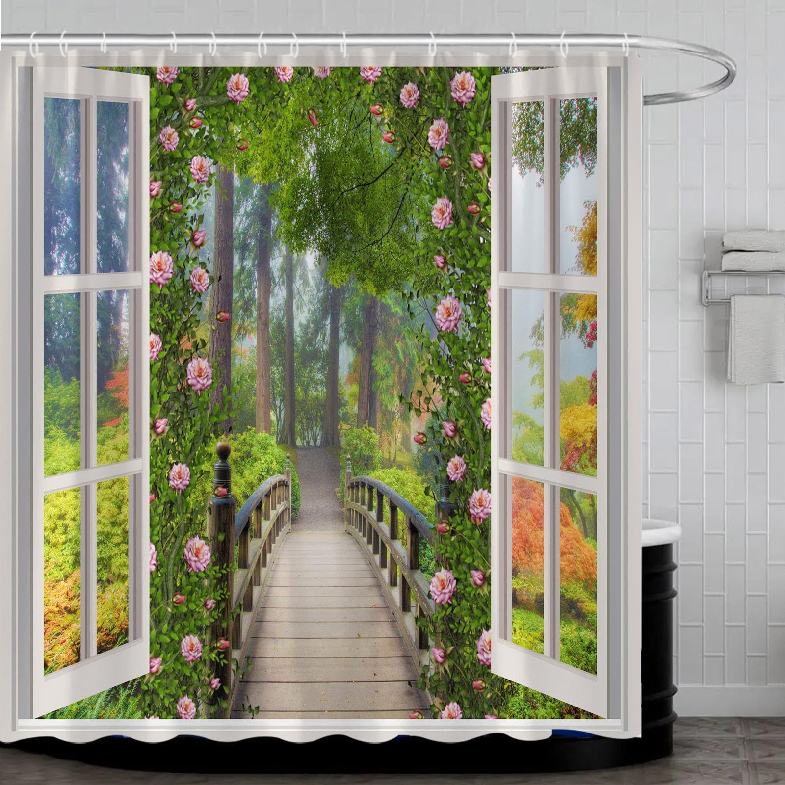 Okno natura krajobraz zasłona prysznicowa kwiaty las dekoracja domu tkanina poliestrowa zasłona łazienkowa akcesoria łazienkowe zestawy 280x200cm (110x79inch)