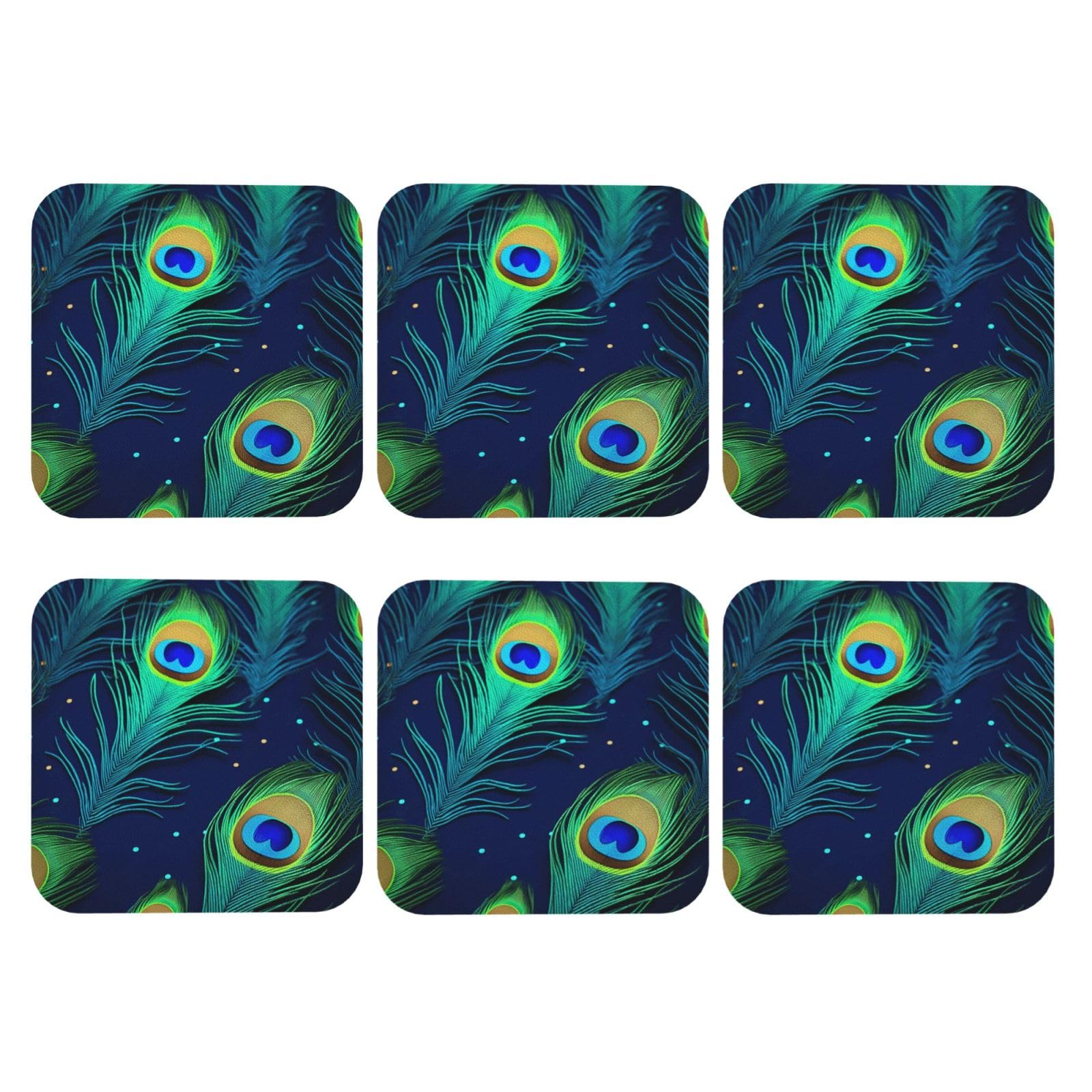 6pcs Leather Coasters for Drinks, Peacock Feather Drink Coasters for Tabletop Protection, 4" Cup Coasters for Coffee Table Decor, Non-Slip Drinking Cup Mat for Hot Or Cold Drink