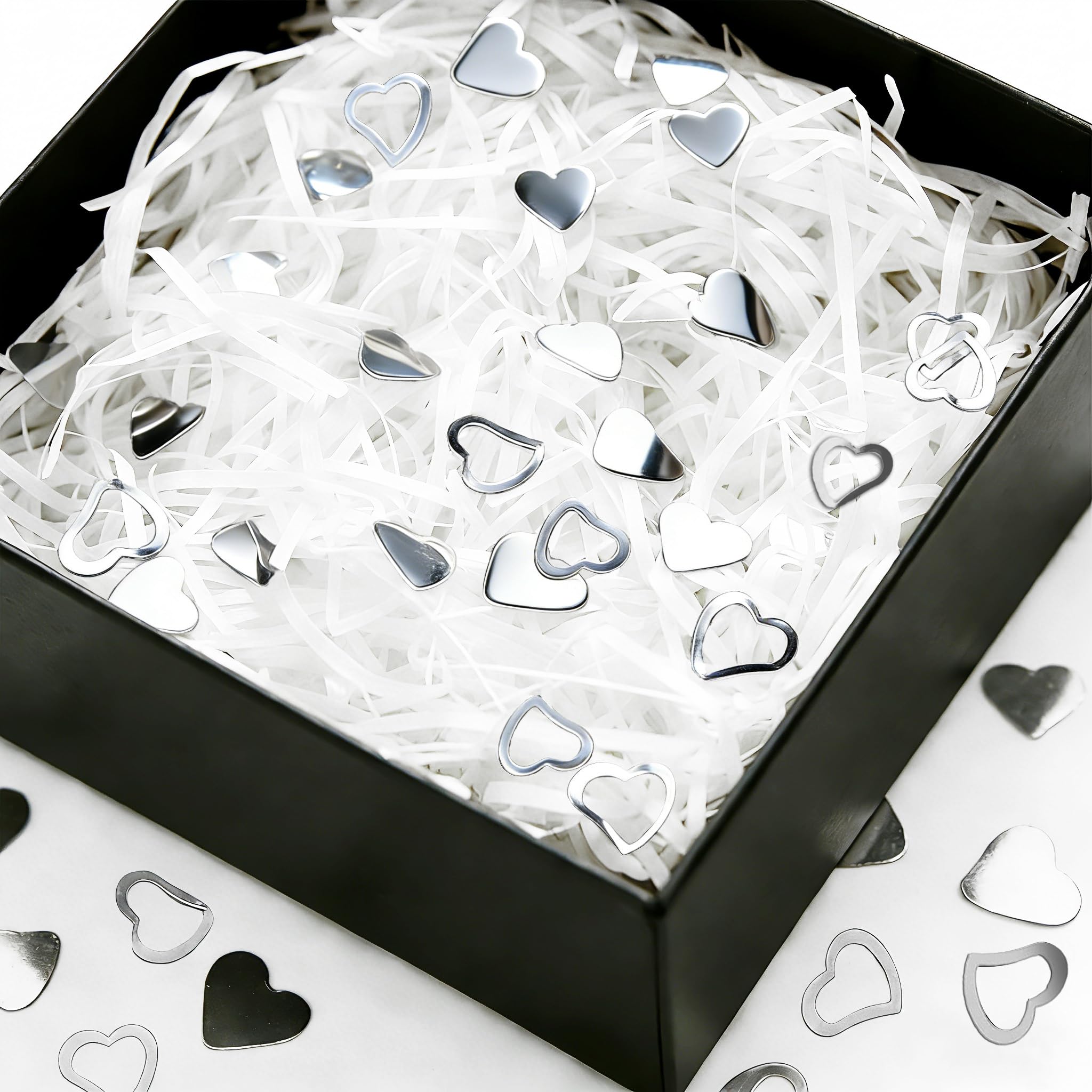 LIANRISES 100g White Shredded Paper for Hampers Gift Boxes, Christmas Shredded Tissue Paper Filling for Valentine's Day, Wedding, Birthday, Baby Shower, With 10g Heart Confetti