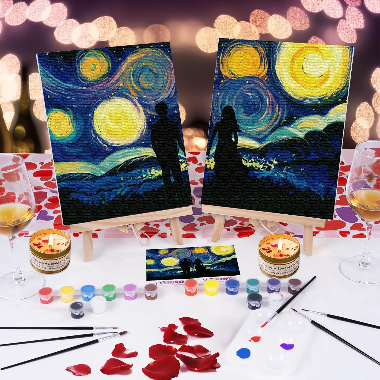 VOCHIC Date Night Idea Painting Kit for Couples Sip and Paint Kit for Adults Couples Pre Drawn Canvas to Paint for Adults Art Set Starry Sky Valentine 2 Pack 8" X 10"