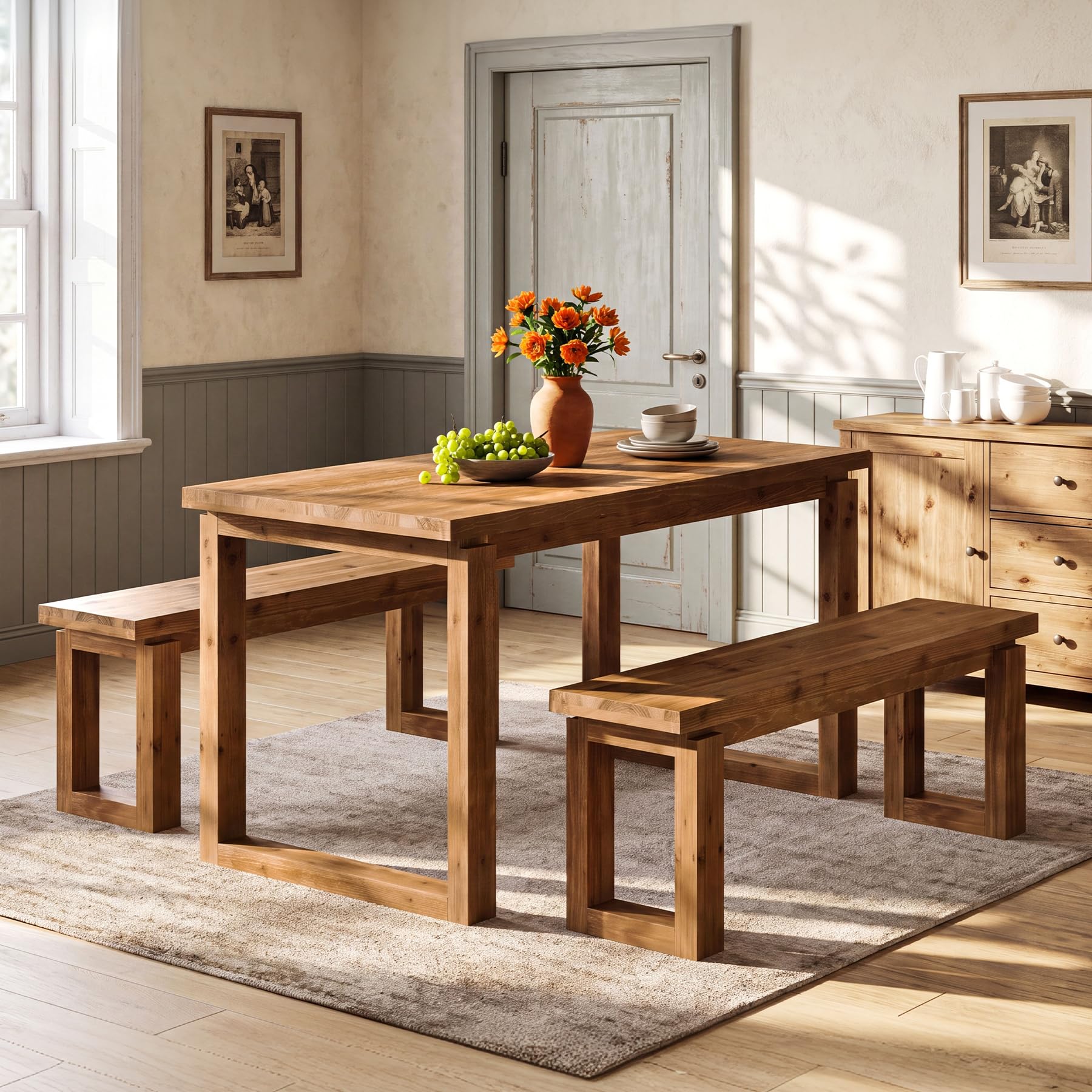 Solid Wood Dining Table with Benches - Seats 4