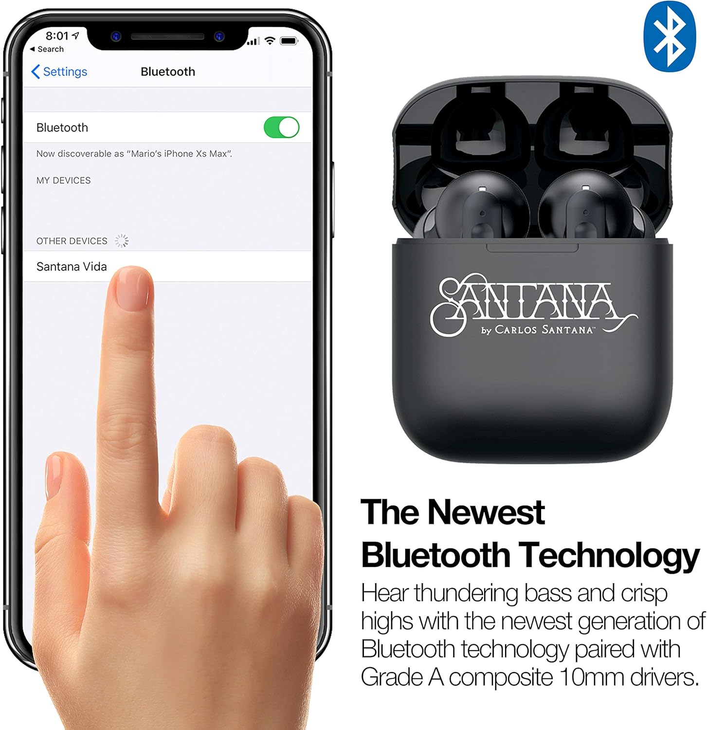 SANTANA BY CARLOS SANTANA Vida Active Noise Cancelling Earbuds - True Wireless Bluetooth Earbuds with Charging Case - Black