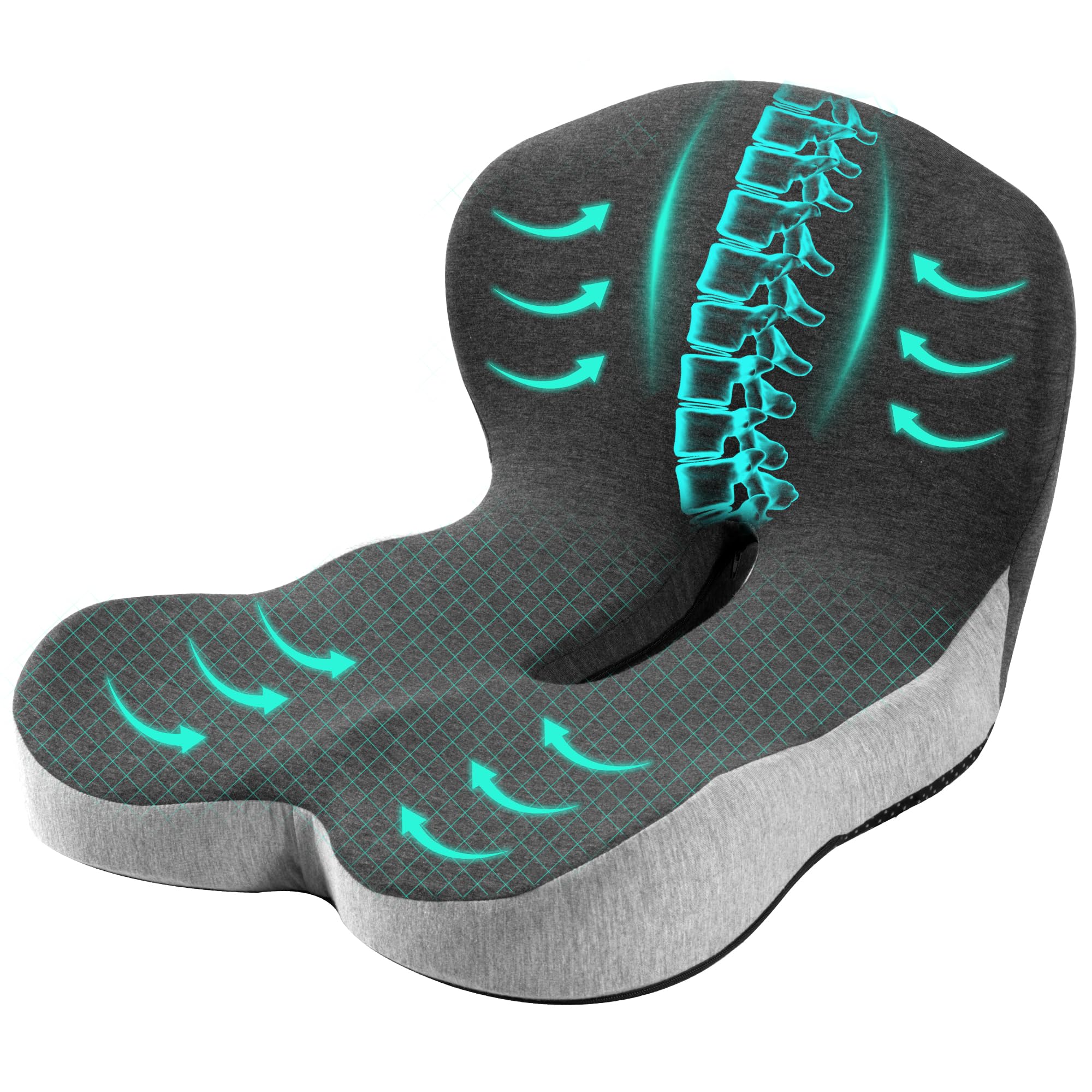 Urban Deco Sitzkissen Orthopädisch mit Rückenlehne, Ergonomisches Rückenstützkissen aus Memory-Schaumstoff, Stuhlkissen für Bürostuhl, Autositz, Rollstuhl, Büro, Auto, Schwarz & Grau,1PCS