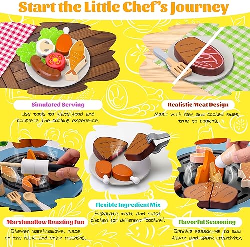 Miniatura 3 de Juego de parrilla para niños, 45 piezas de parrilla para niños con modo de brocheta giratorio, juego de cocinero, juguete de cocina, regalo de