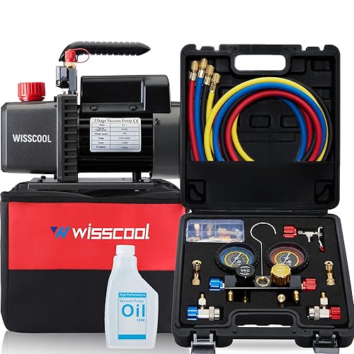 4.5cfm AC - Juego de bomba de vacío de 4 vías, 110 V 13 hp HVAC bomba de vacío de aire HVAC Kit de manómetro con 4 mangueras adaptadores accesorios