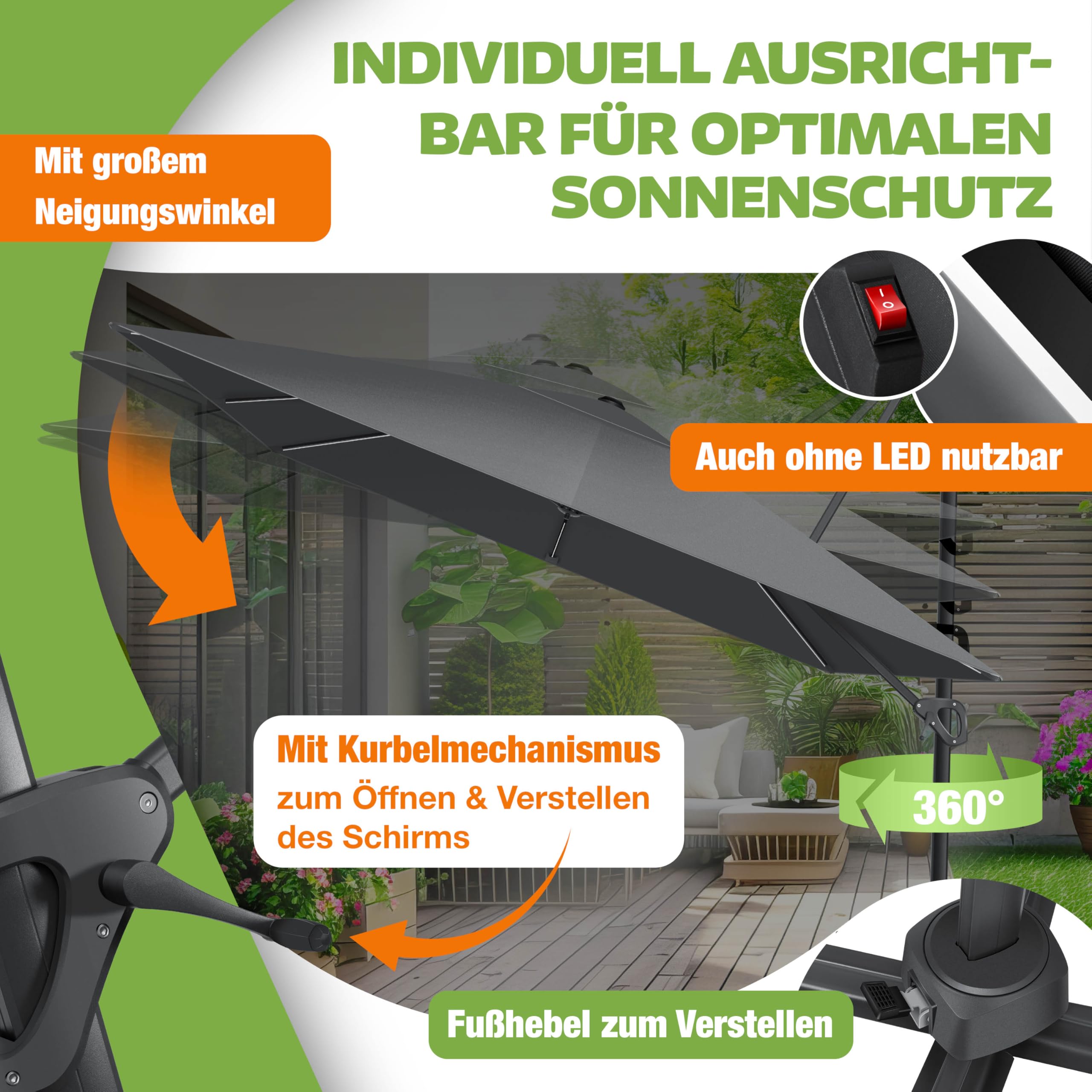 KESSER® Sonnenschirm Ampelschirm SUN XL 300 x 300 cm Inkl. Abdeckung + Windsicherung Drehbar Neigbar Kippbar Marktschirm Groß 360° Rotation, Gartenschirm mit Kurbel Sonnenschutz UV50+, Anthrazit