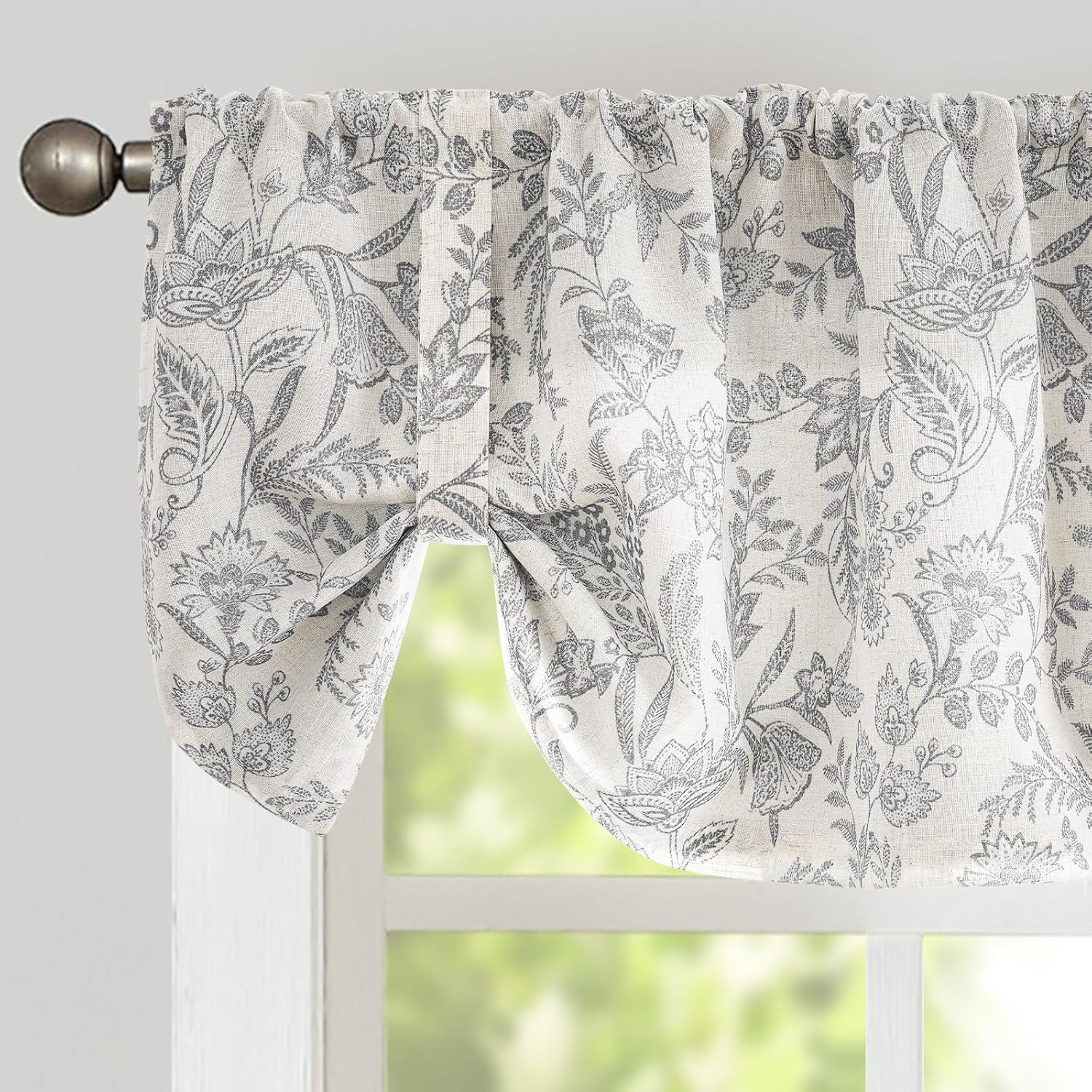 Lazzzy Floral Valance Curtain Grey Linen Farmhouse Lined Tie Up Valance for Kitchen Living Room Bedroom Country Valances Window Treatments Small Curtian 18 Inch Rod Pocket 1 Panel, Gray on Beige