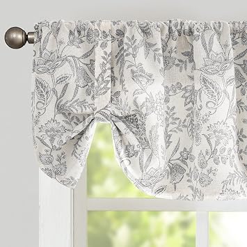 Lazzzy Floral Valance Curtain Grey Linen Farmhouse Lined Tie Up Valance for Kitchen Living Room Bedroom Country Valances Window Treatments Small Curtian 18 Inch Rod Pocket 1 Panel, Gray on Beige