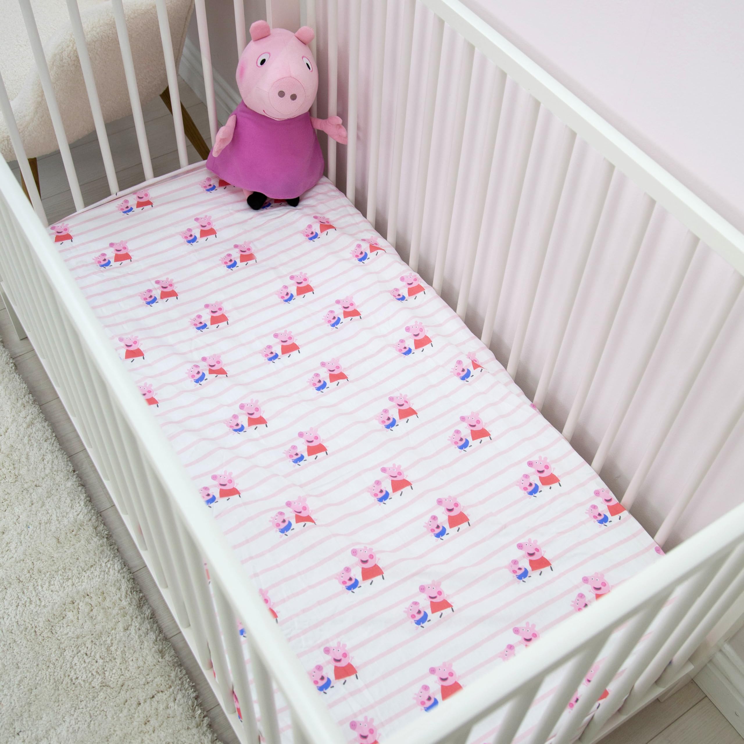 Oficjalne prześcieradła do łóżeczka dziecięcego ze świnką Peppa, 140 x 70 cm, dopasowane, super miękkie i oddychające, przytulne prześcieradła do łóżeczka dziecięcego, 2 szt., niebiesko-różowe, wzór