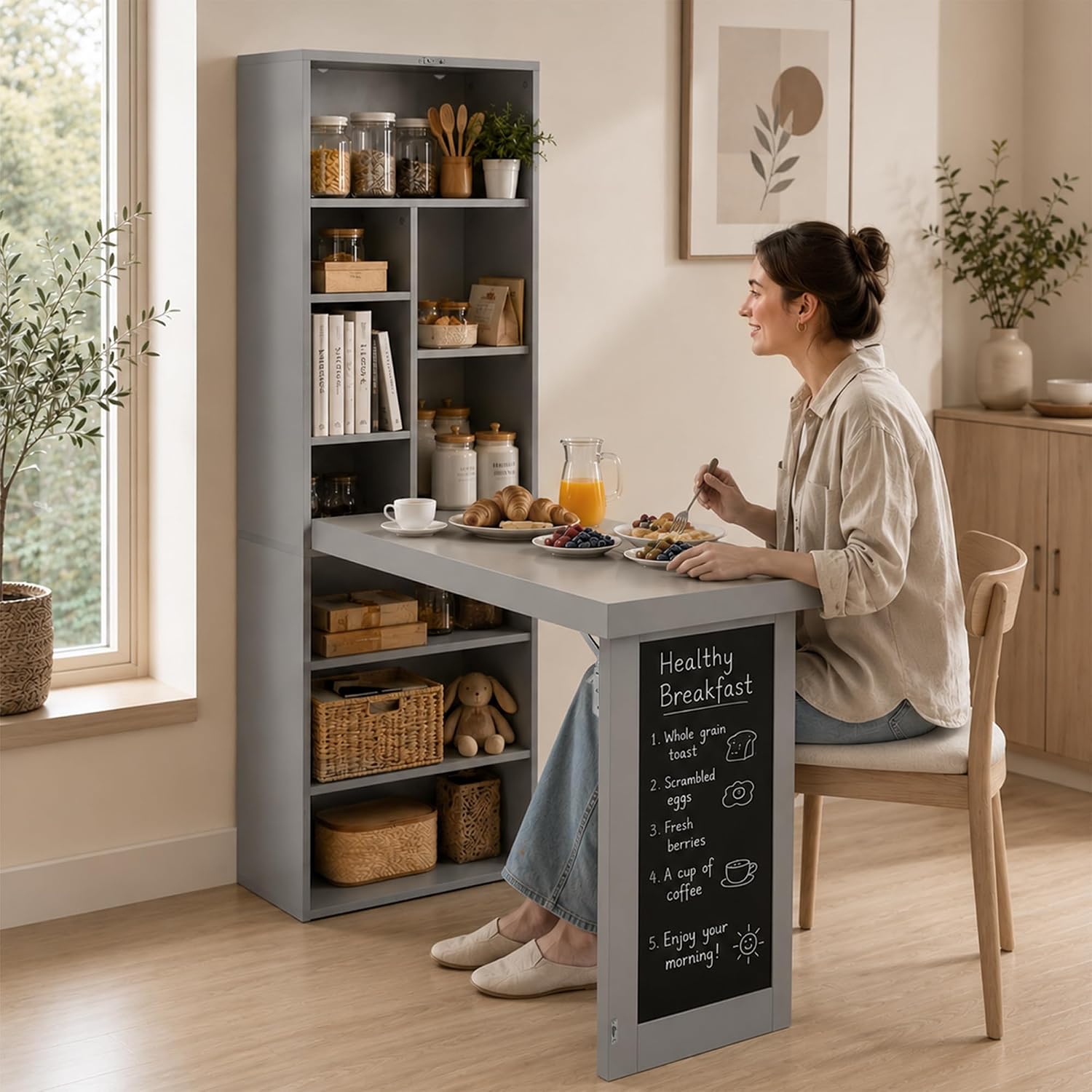 Folding Desk with Storage and Chalkboard for Small Spaces, Gray