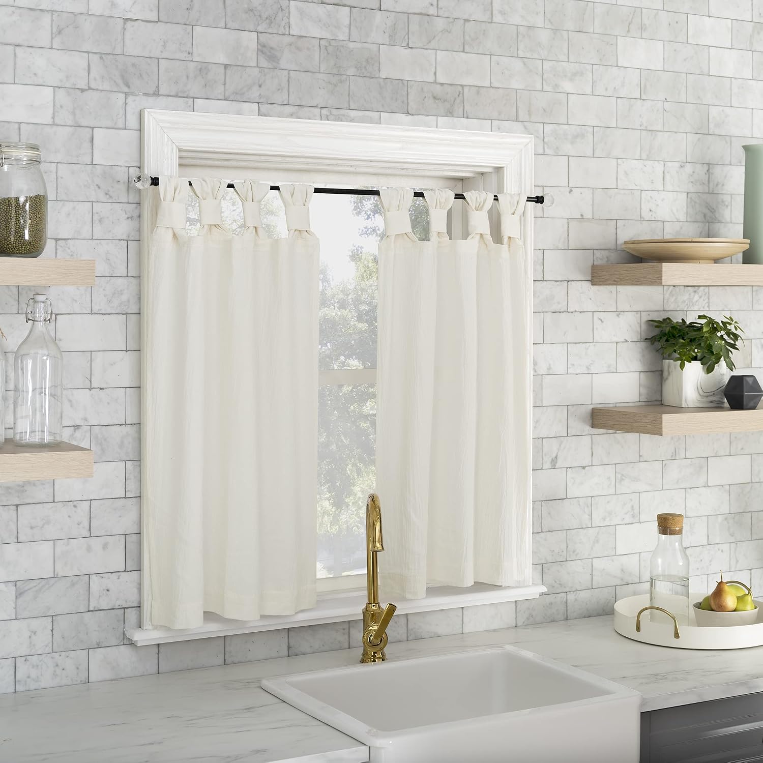 Archaeo Washed Cotton Small Window Twist Tab Cafe Curtains, 52" x 36", Ivory