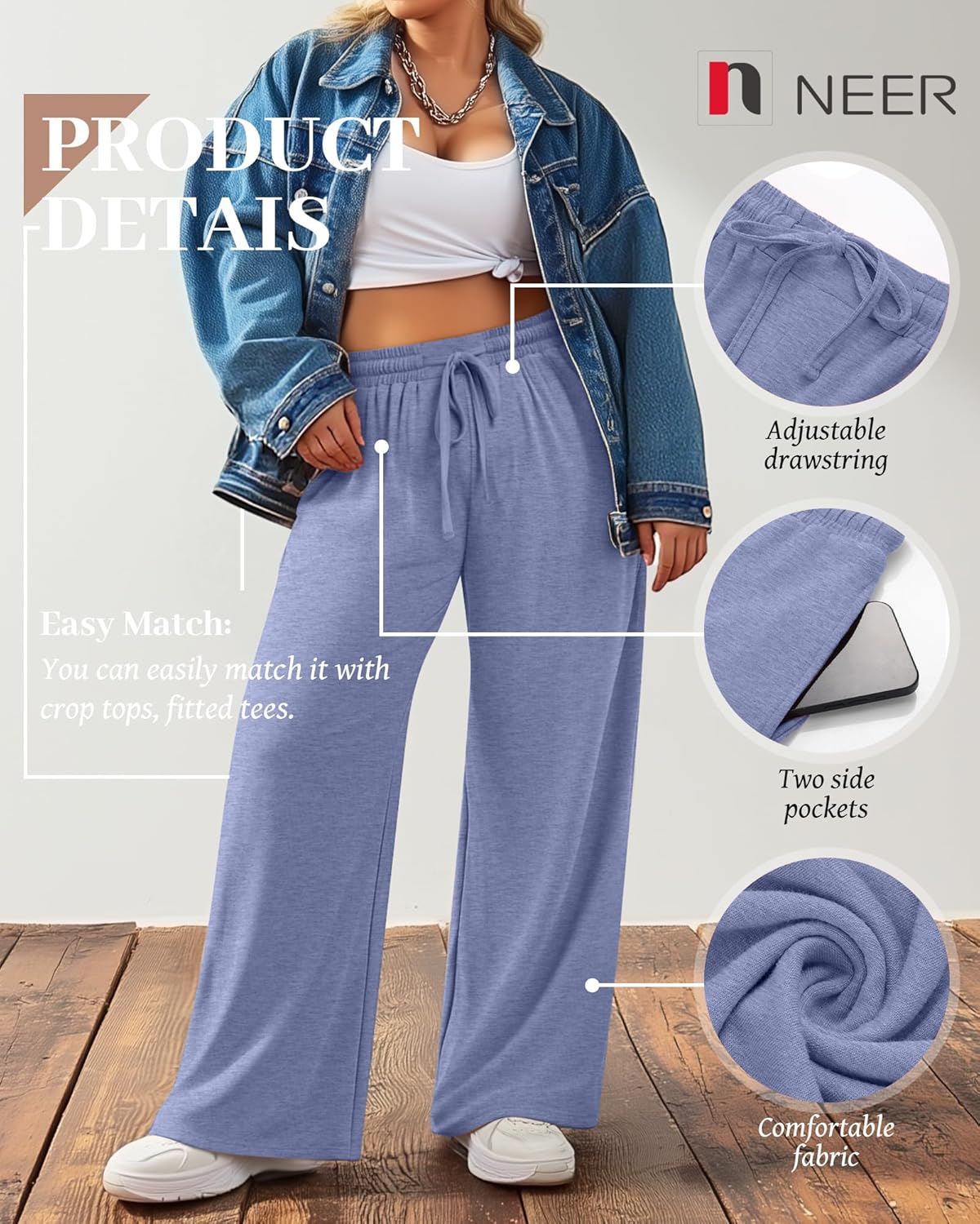 Neer 3 Pack Women's Plus Size Pants Wide Leg Lounge Yoga Pants Casual Baggy Drawstring High Waist Sweatpants with Pockets - Image 5