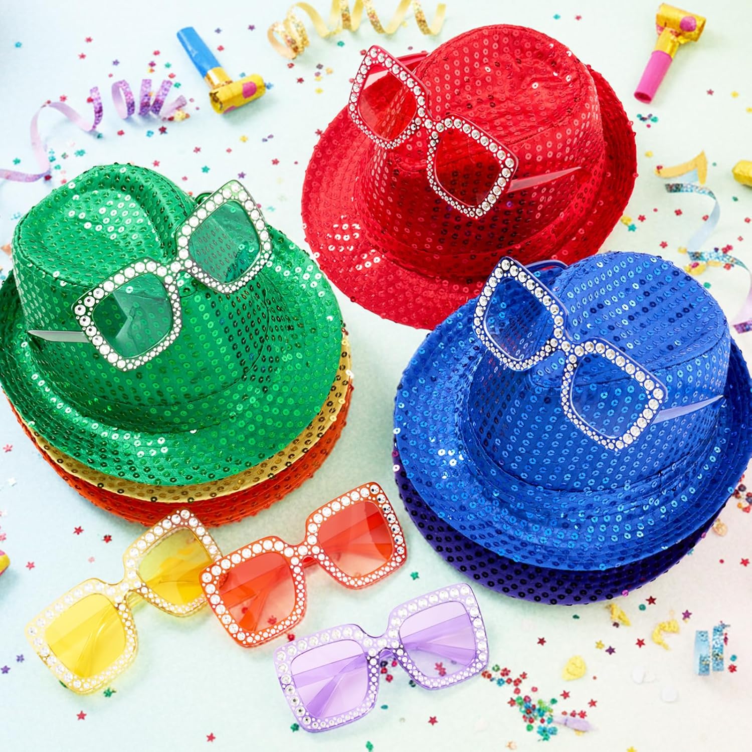 Bonuci Sequin Glitter Cow Hat and Funny Rimless Sunglasses Sparkly Party Favor for Women Men