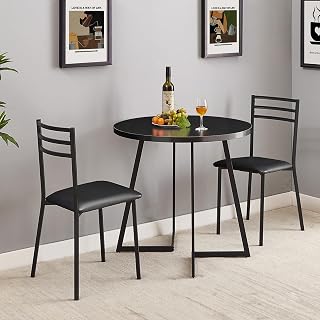 VECELO Round Dining Table Set for 2, Heavy-Duty Metal Frame & Upholstered Chair for Breakfast Nook, Kitchen, and Small Space, Matte Black