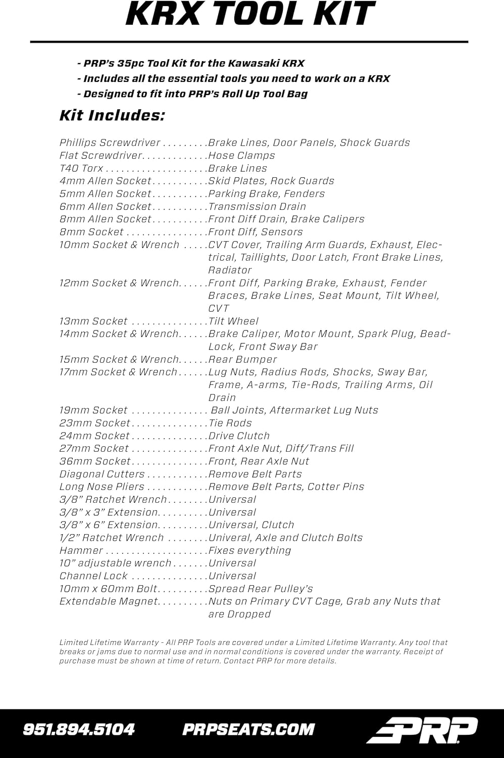 PRP UTV Tool Kit for Teryx KRX, KRX4 | Includes 35 Essential Tools for UTV + Roll-Up Storage Bag with Easy-Grab Handle, Mounts to Vehicle