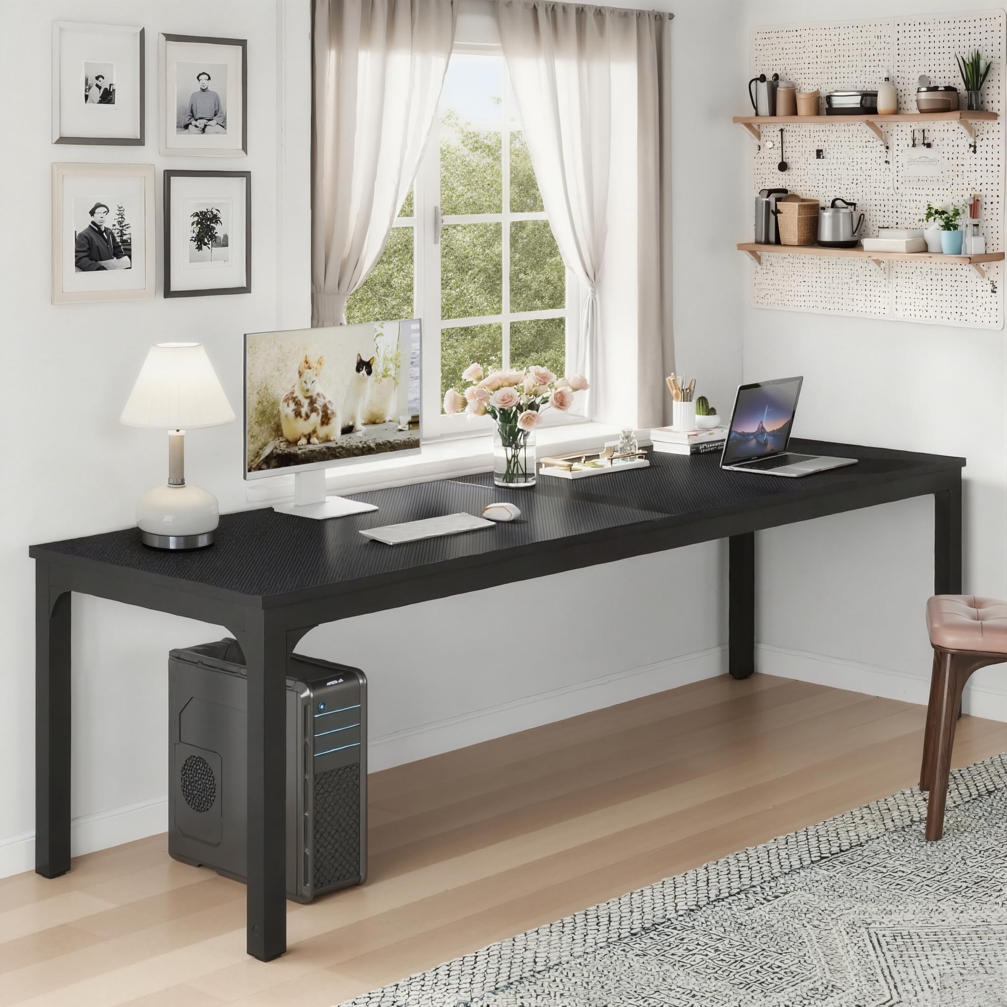 Escritorio de ordenador de 200 x 70 cm – Escritorio grande negro para 2 personas – Escritorio de estudio moderno con bandeja reforzada, ideal para estudiantes/teletrabajo