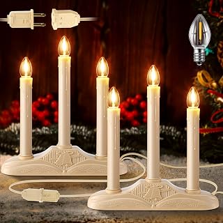 Meonum 2 Sets 3 Light Electric Window Candles Plug in Christmas Candle Light with C7 LED Bulbs, Ivory Christmas Candelabra with Switch, Charge Connector and Spare Bulb for Holiday Party Window Decor