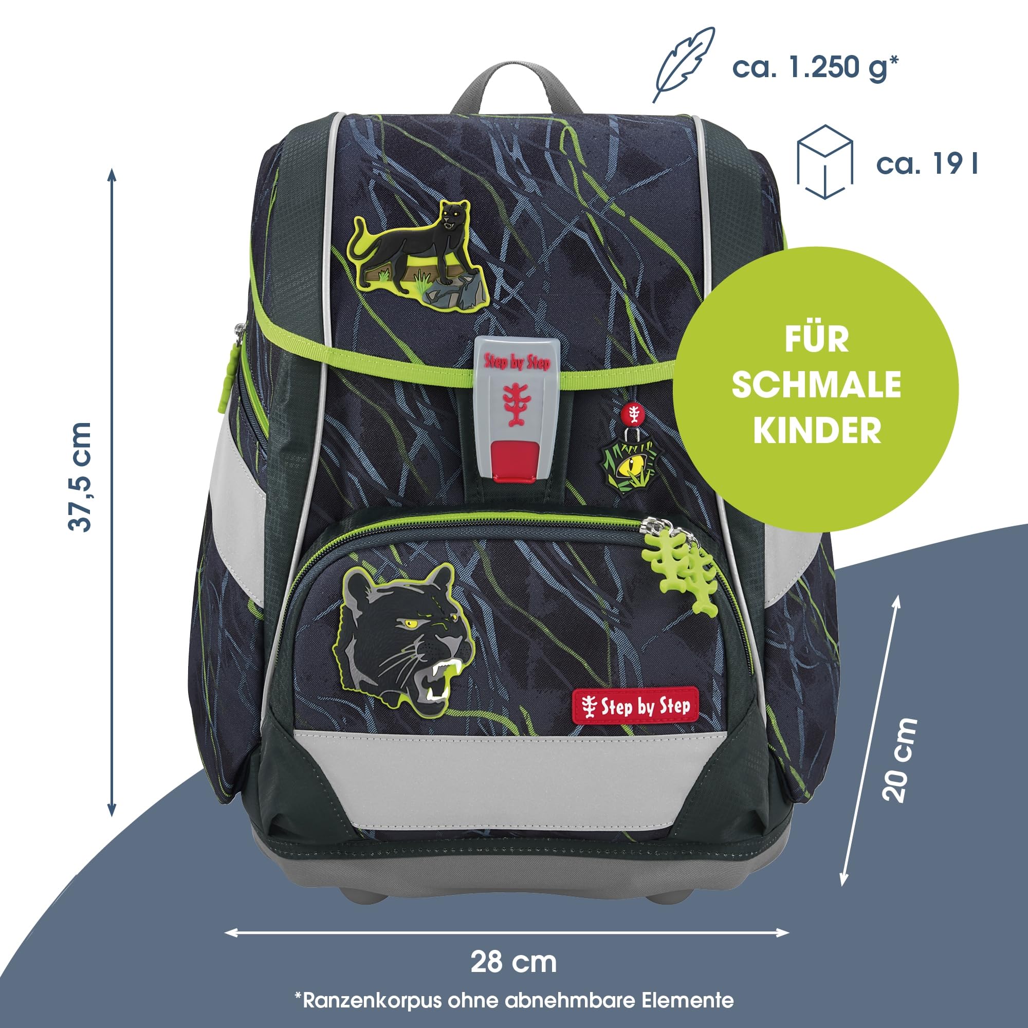 Step by Step Schulranzen-Set 2IN1 PLUS „Danger Cat Chiko“ 6-teilig, grau-grün, Dschungel-Design, ergonomischer Tornister mit Reflektoren, höhenverstellbar mit Hüftgurt für Jungen ab der 1. Klasse, 19L