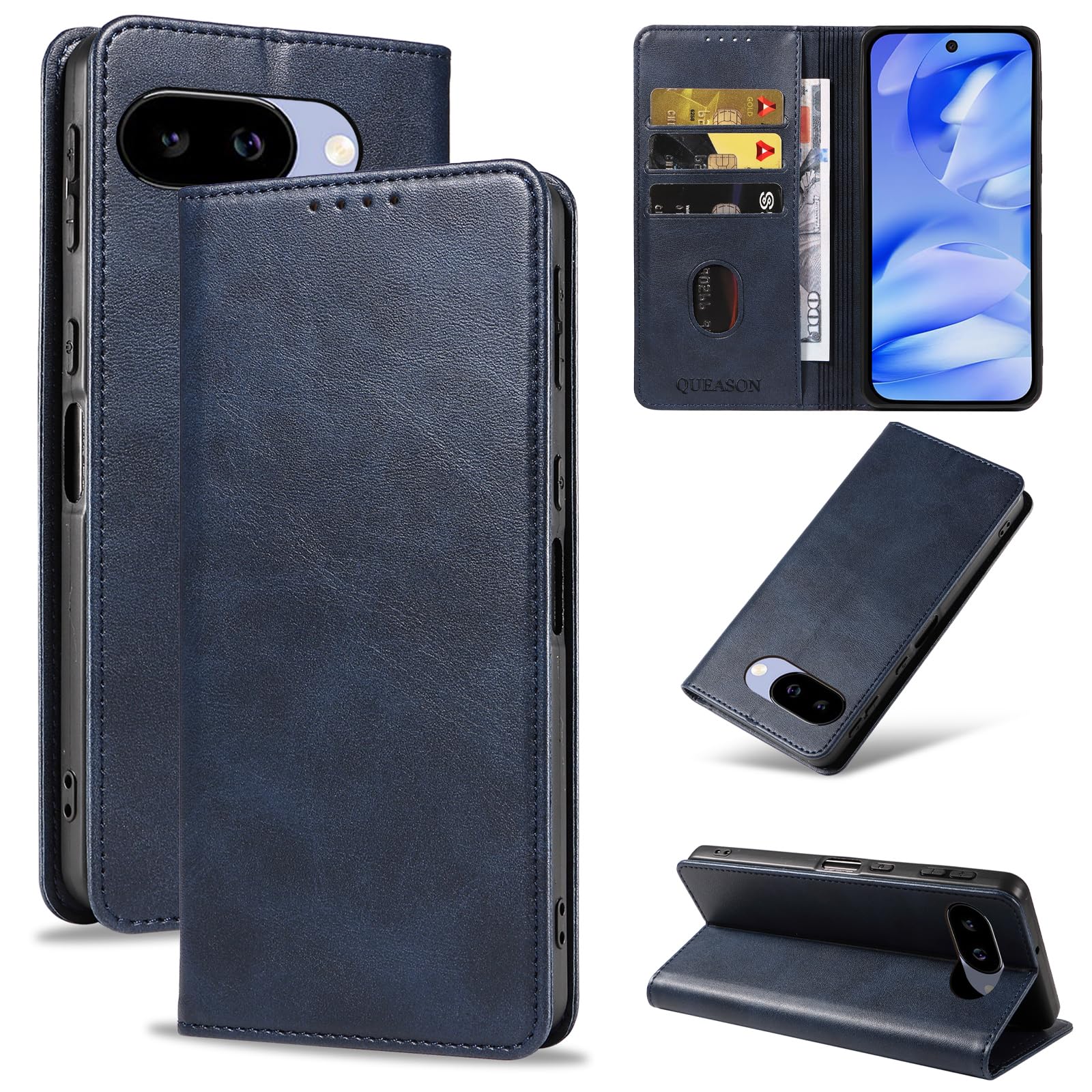 QUEASON【google pixel9a ケース手帳型】スタンド機能 グーグルピクセル9a ケース マグネット式 googleピクセル9a カバー カード収納 落下防止 ぐーくるぴくせる9a カバー 耐衝撃 全面保護 防塵(ブルー)
