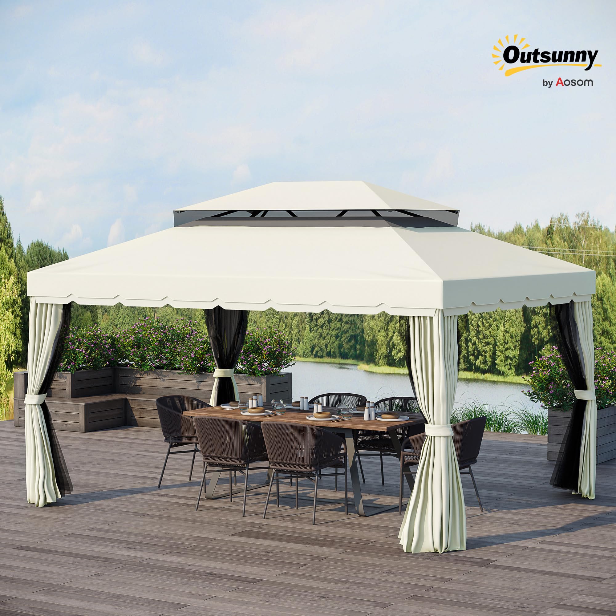 Outsunny Gazebo da Giardino 4x3 m con Zanzariera e Tende Parasole, Doppio Tetto, Anti UV, Alluminio, Crema